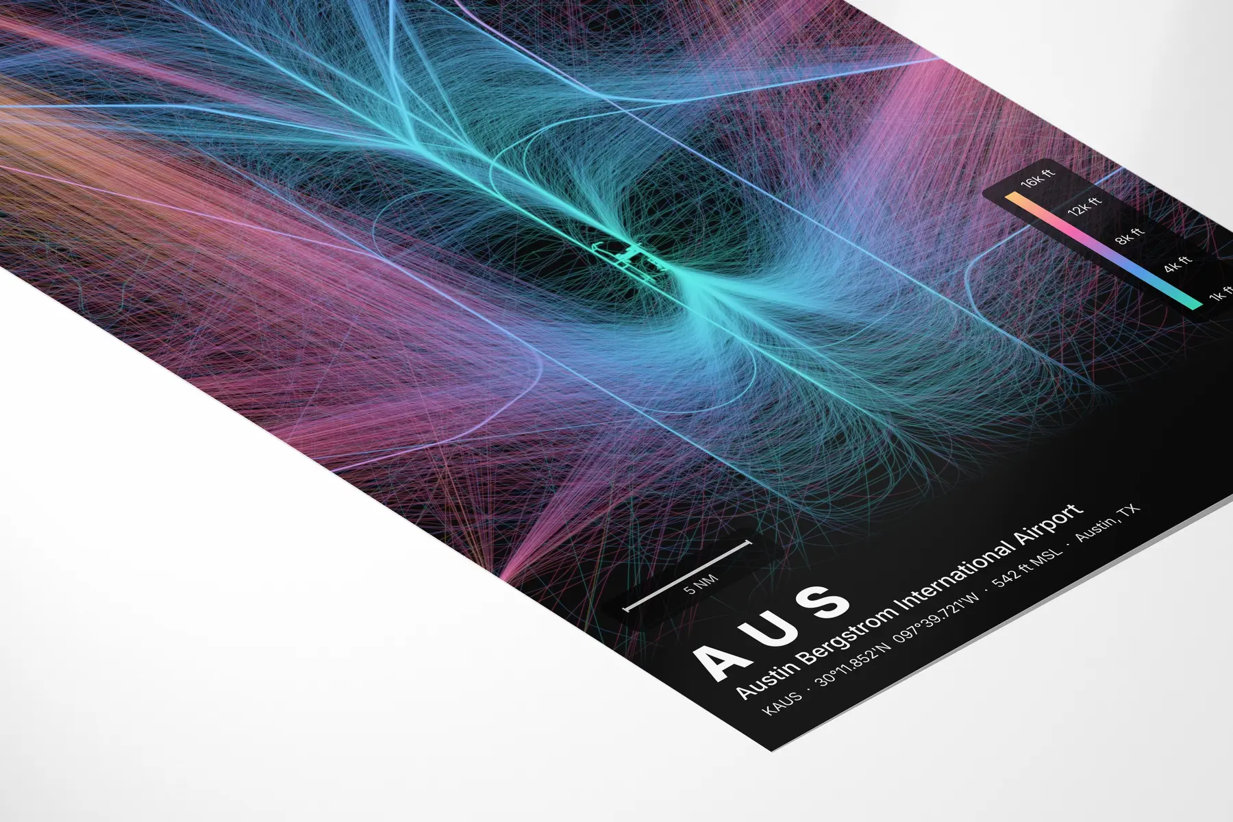AUS flight path print — Aurora theme · Dark in corner-detail setting