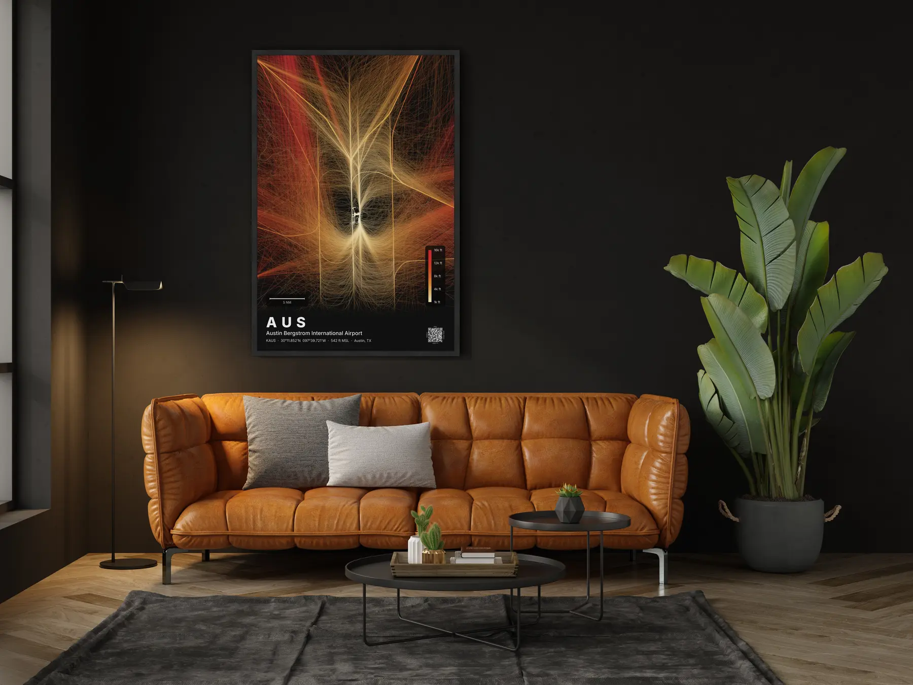 The AUS flight path map on a wall in a living room