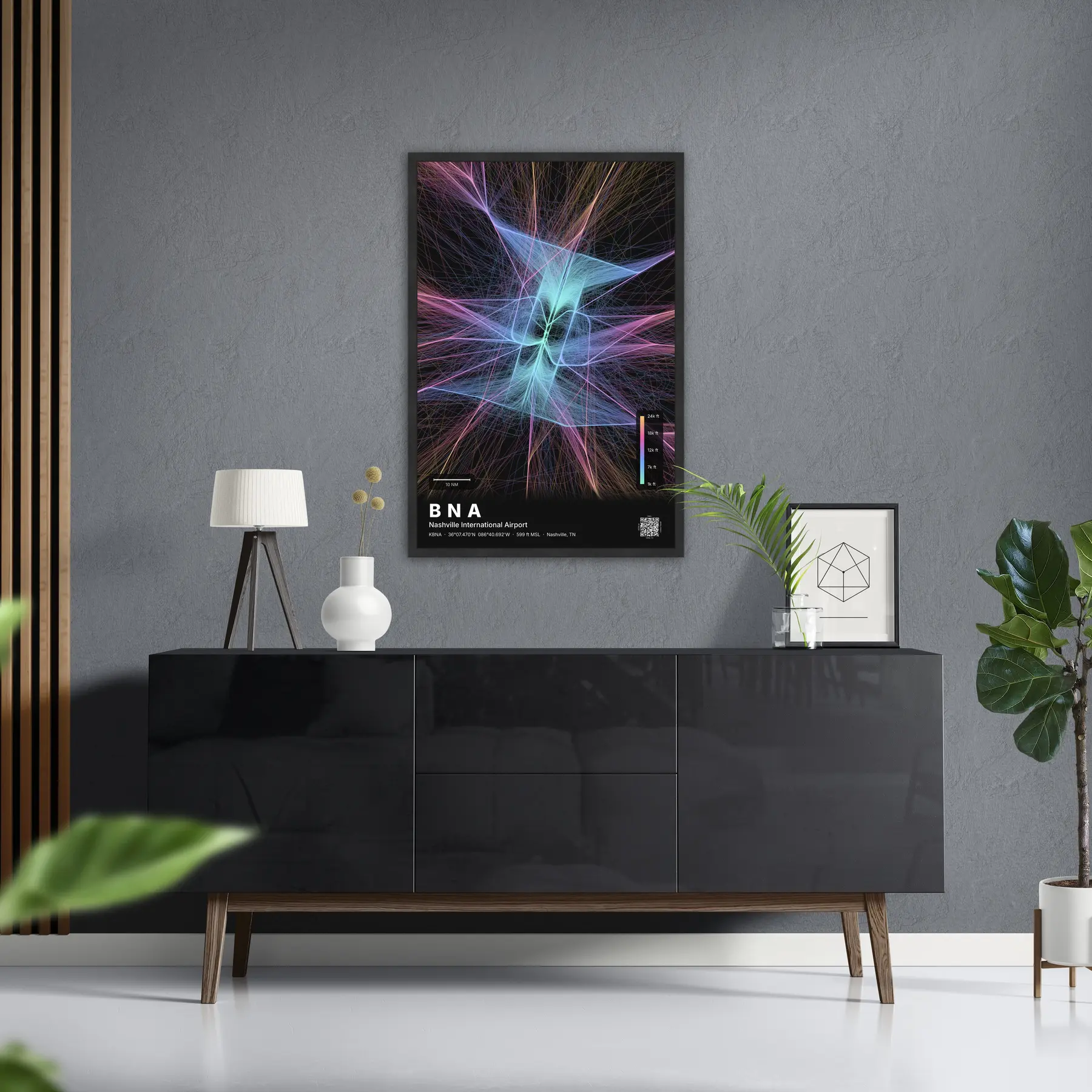 BNA flight path print — Aurora theme · Dark in foyer setting
