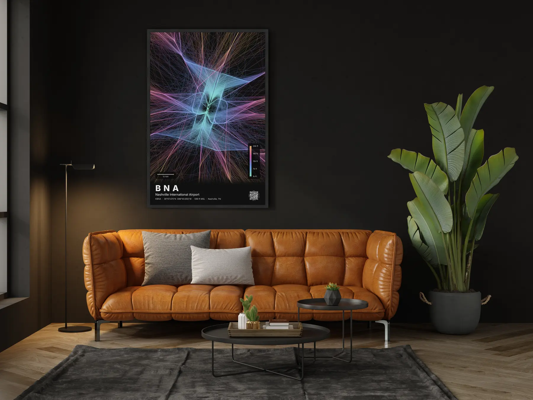 BNA flight path print — Aurora theme · Dark in living-room setting