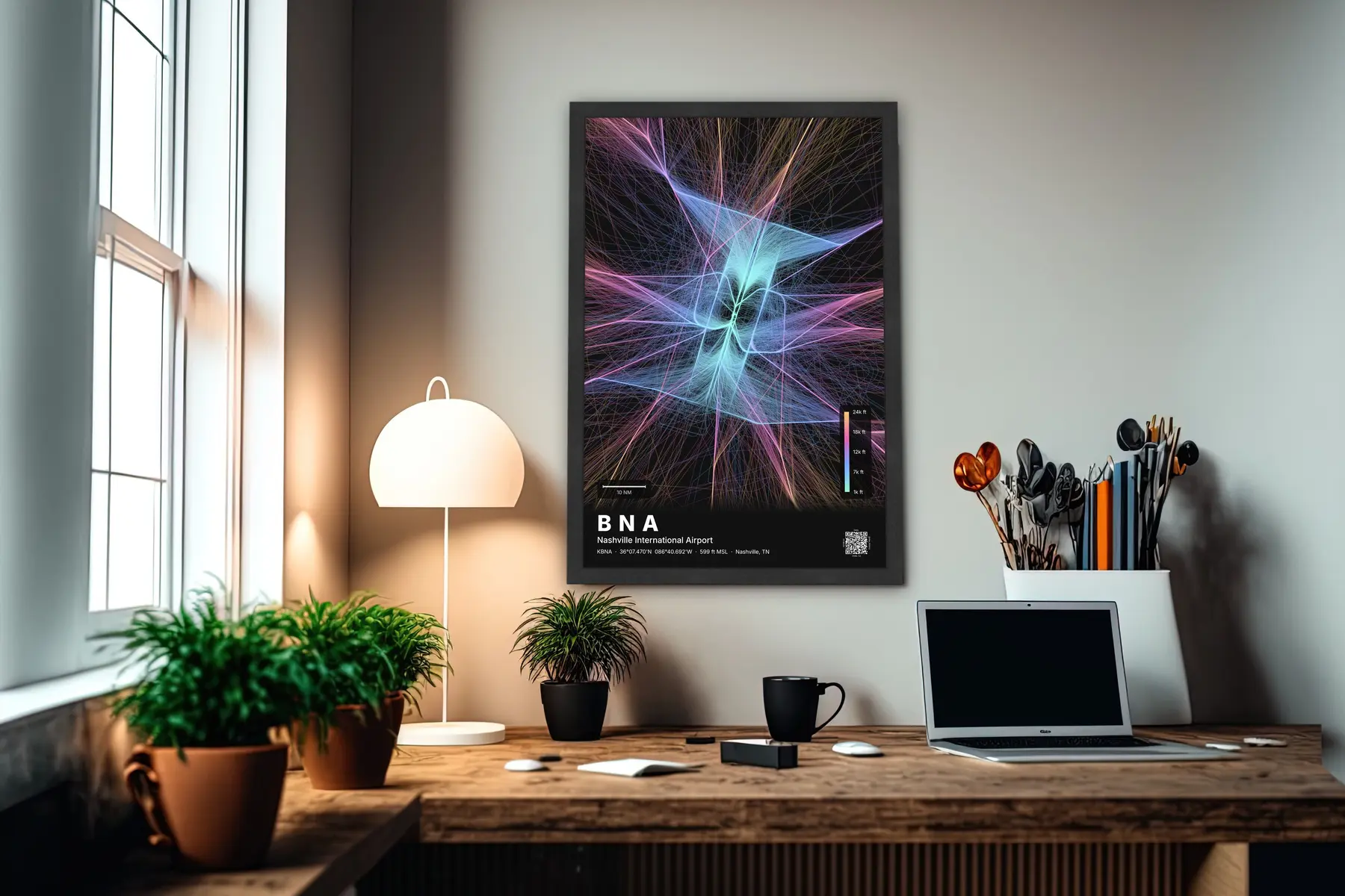 BNA flight path print — Aurora theme · Dark in office setting