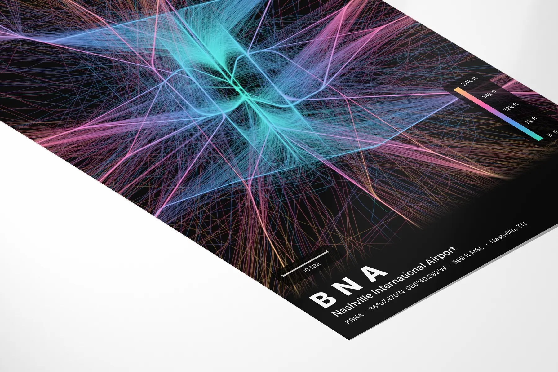 BNA flight path print — Aurora theme · Dark in corner-detail setting
