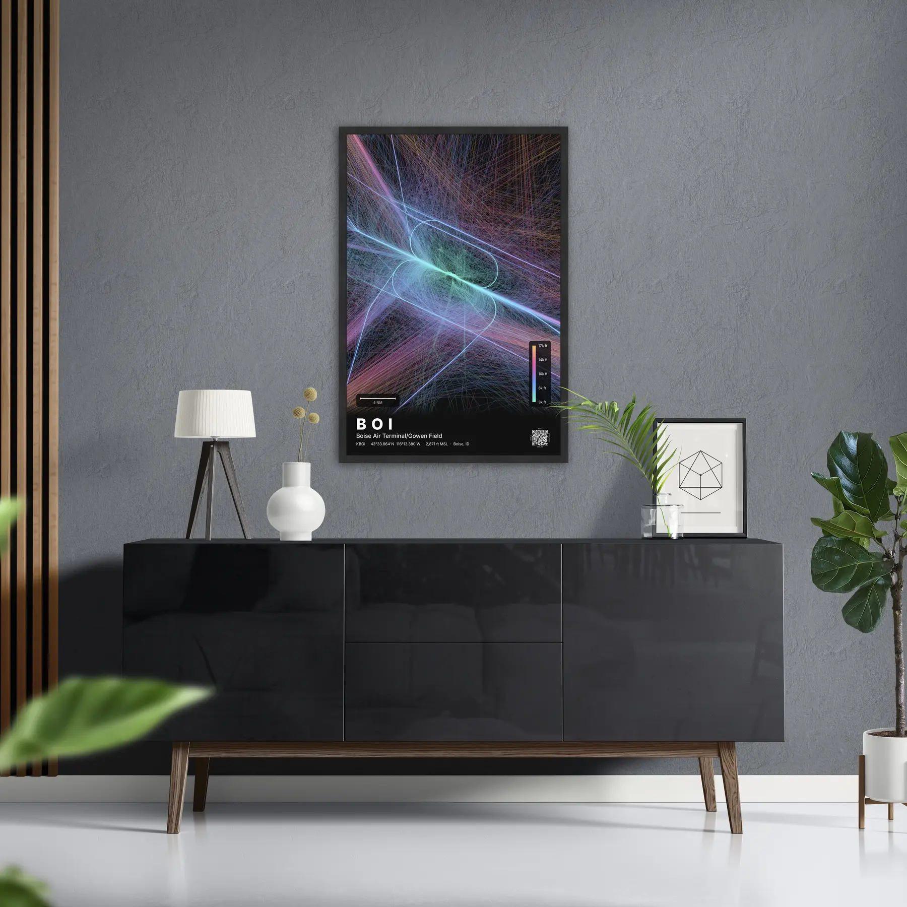 BOI flight path print — Aurora theme · Dark in foyer setting