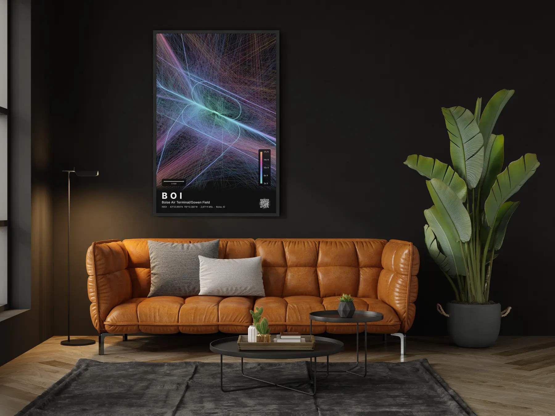 BOI flight path print — Aurora theme · Dark in living-room setting
