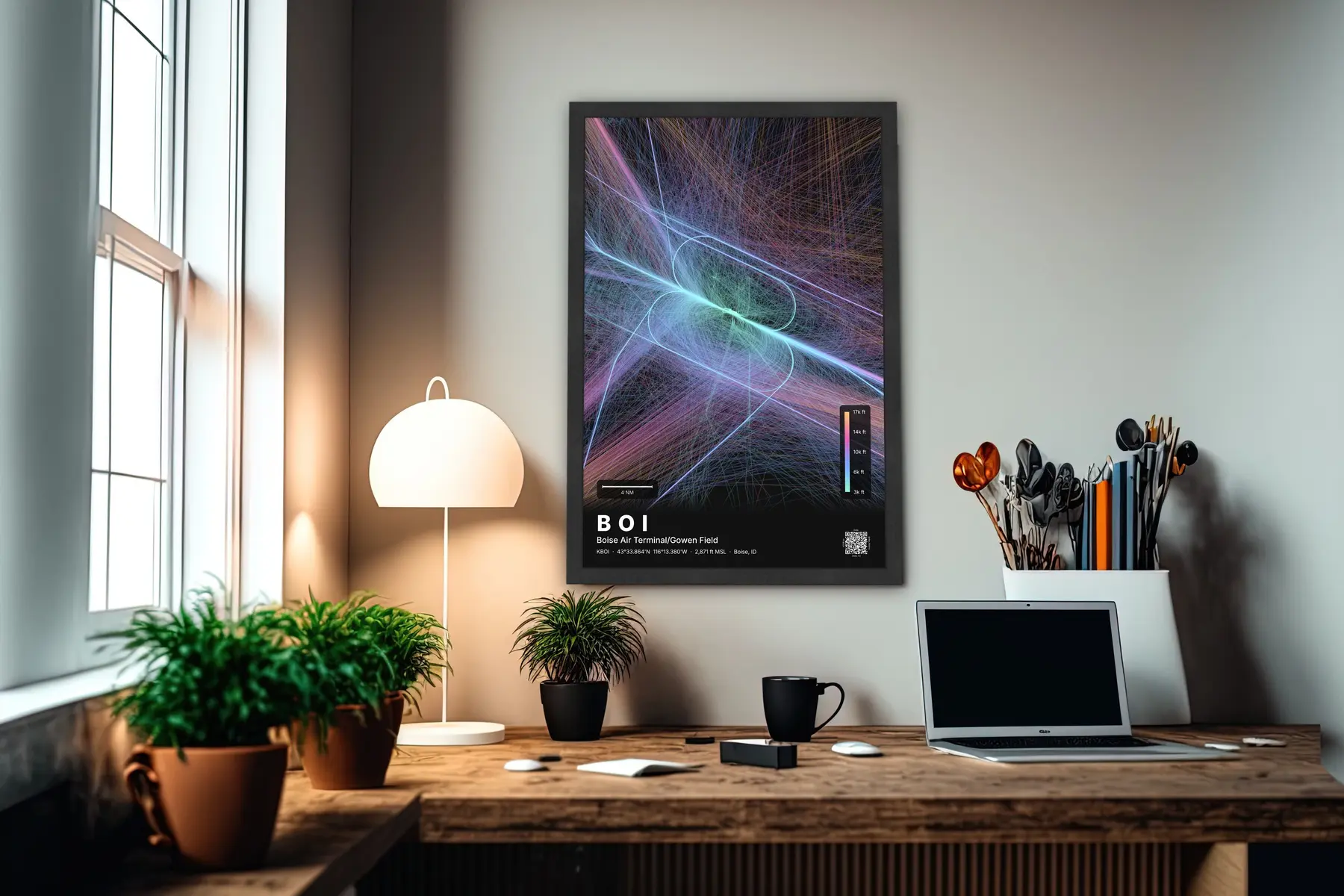 BOI flight path print — Aurora theme · Dark in office setting