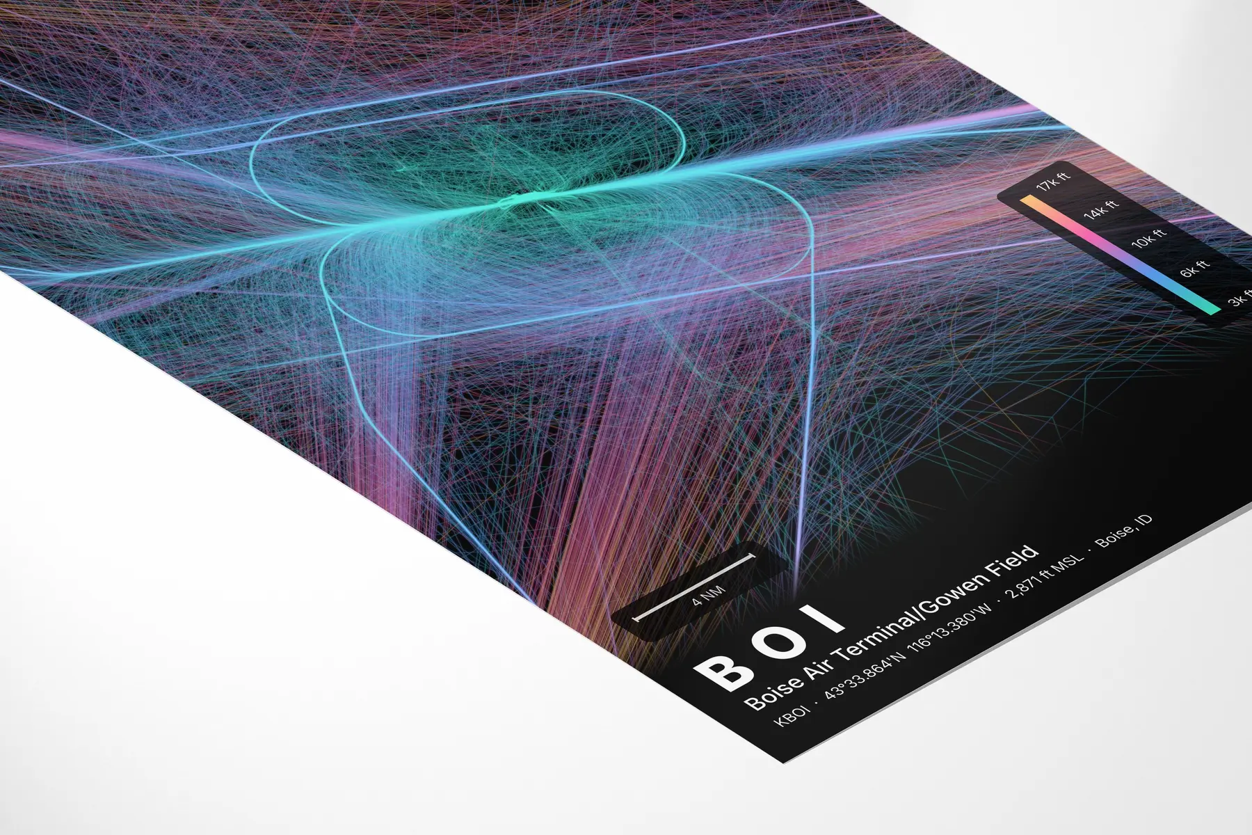 BOI flight path print — Aurora theme · Dark in corner-detail setting