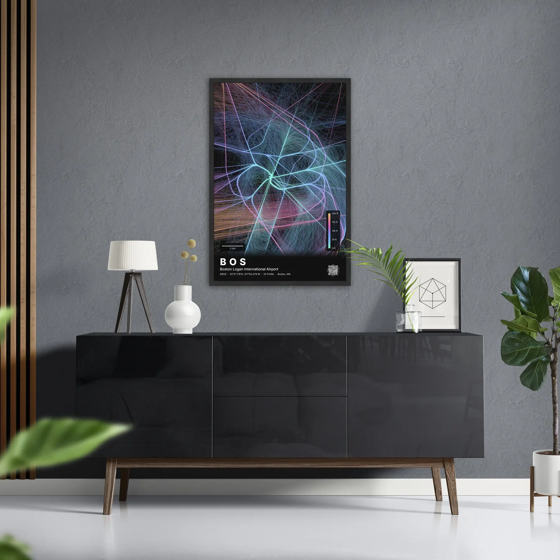 BOS flight path print — Aurora theme · Dark in foyer setting