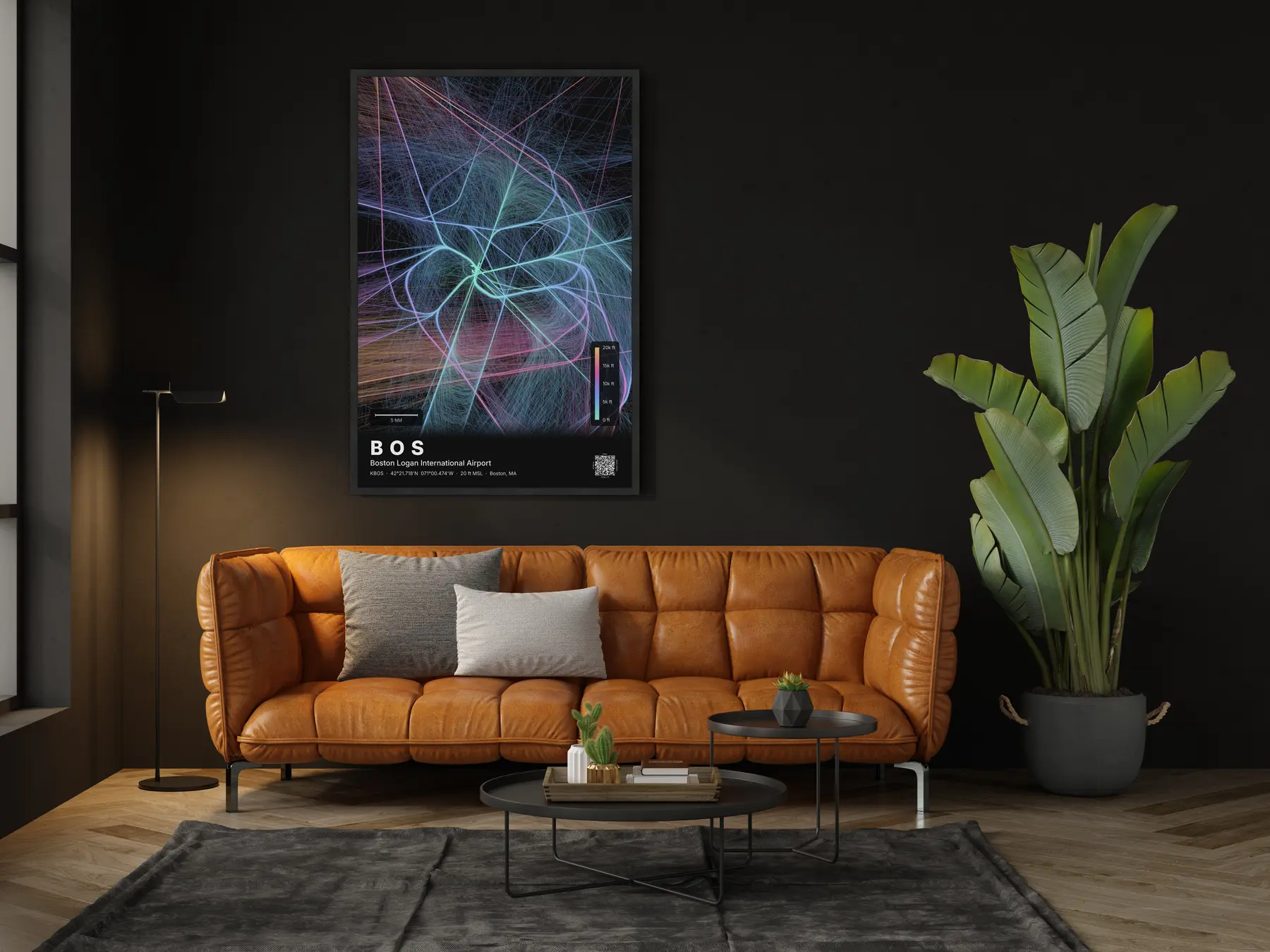BOS flight path print — Aurora theme · Dark in living-room setting