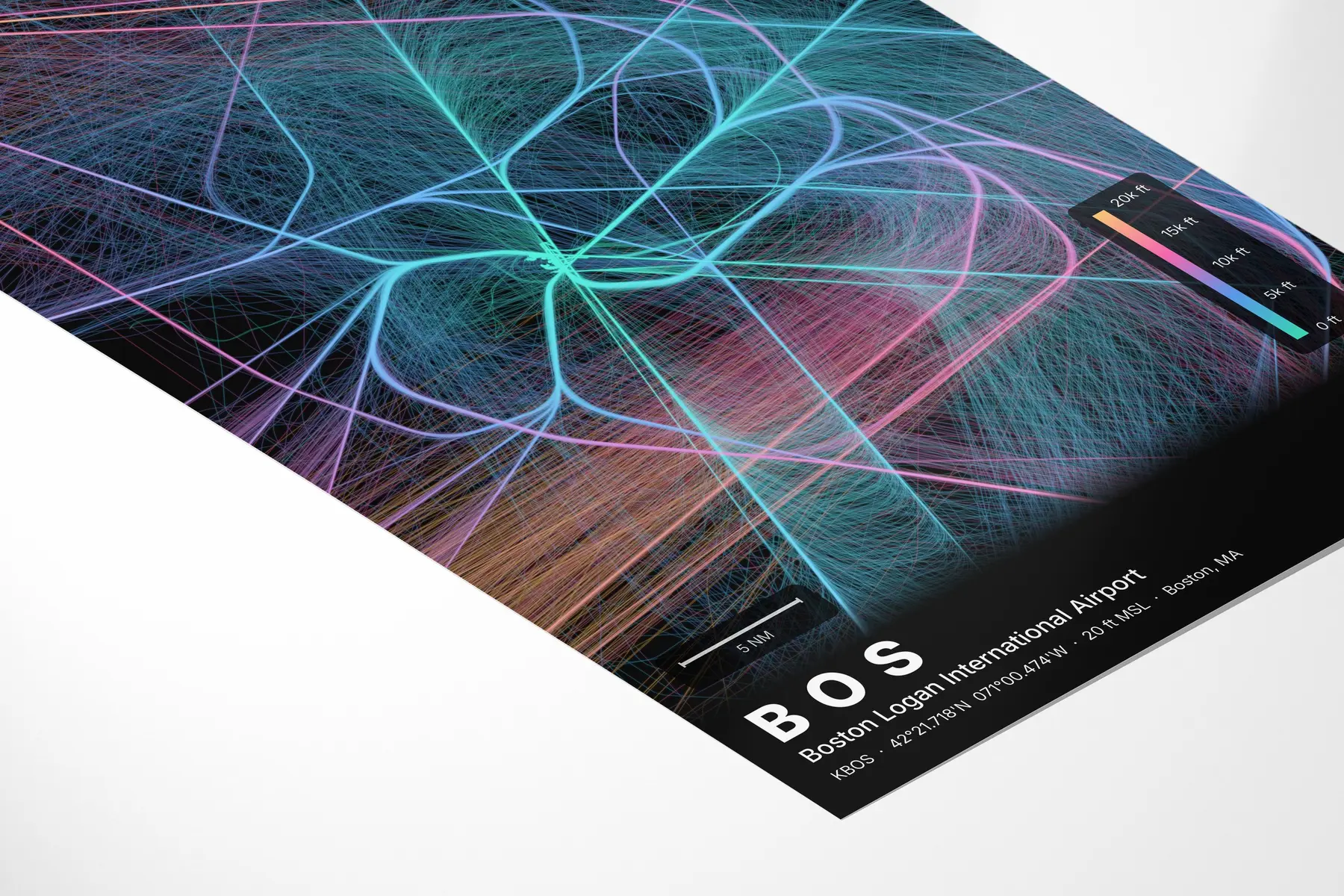 BOS flight path print — Aurora theme · Dark in corner-detail setting