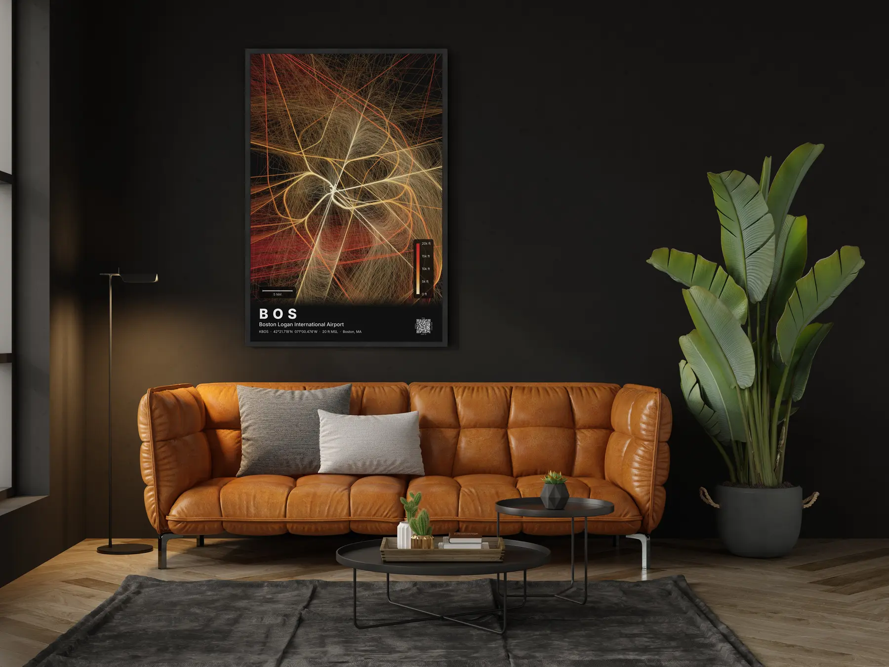 The BOS flight path map on a wall in a living room