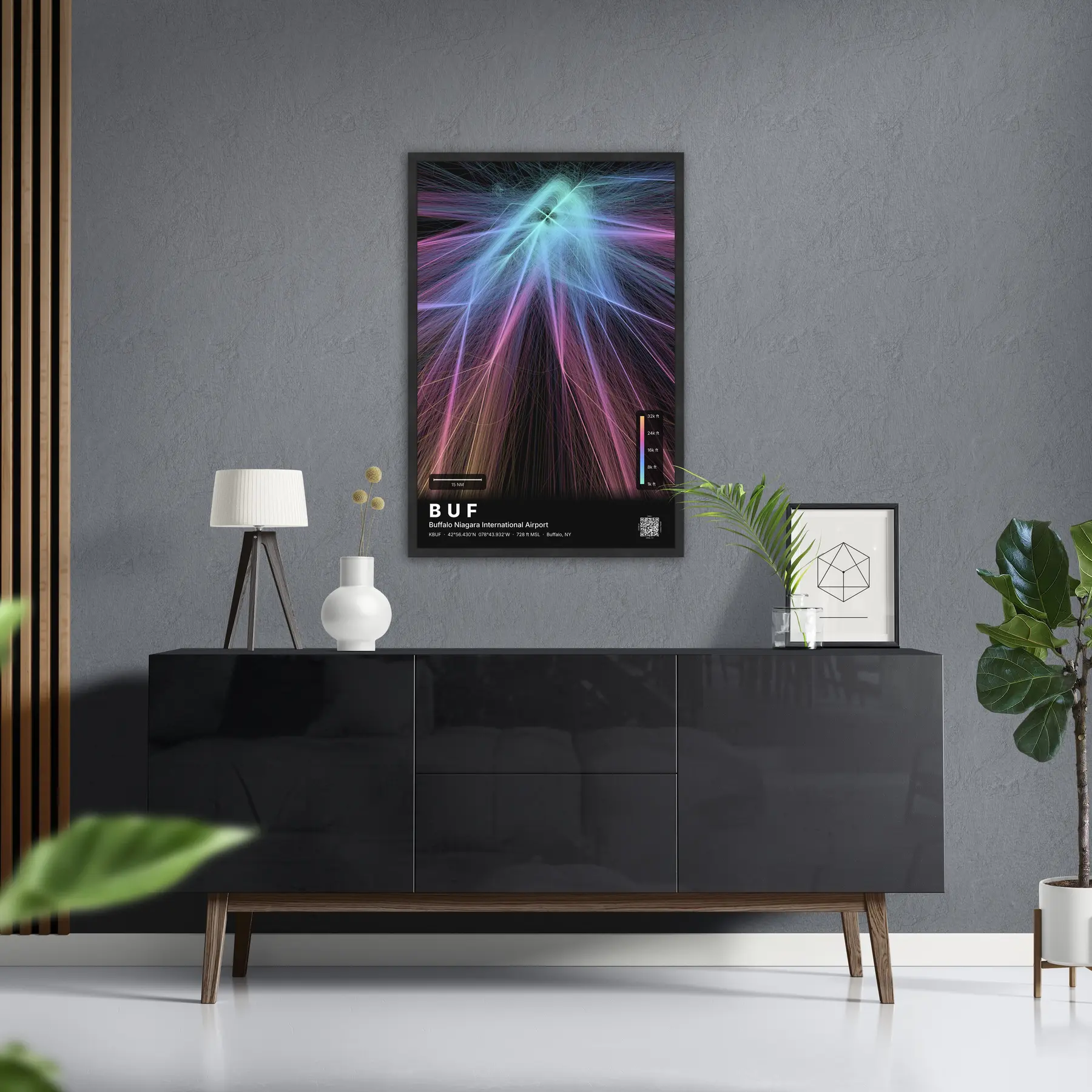 BUF flight path print — Aurora theme · Dark in foyer setting