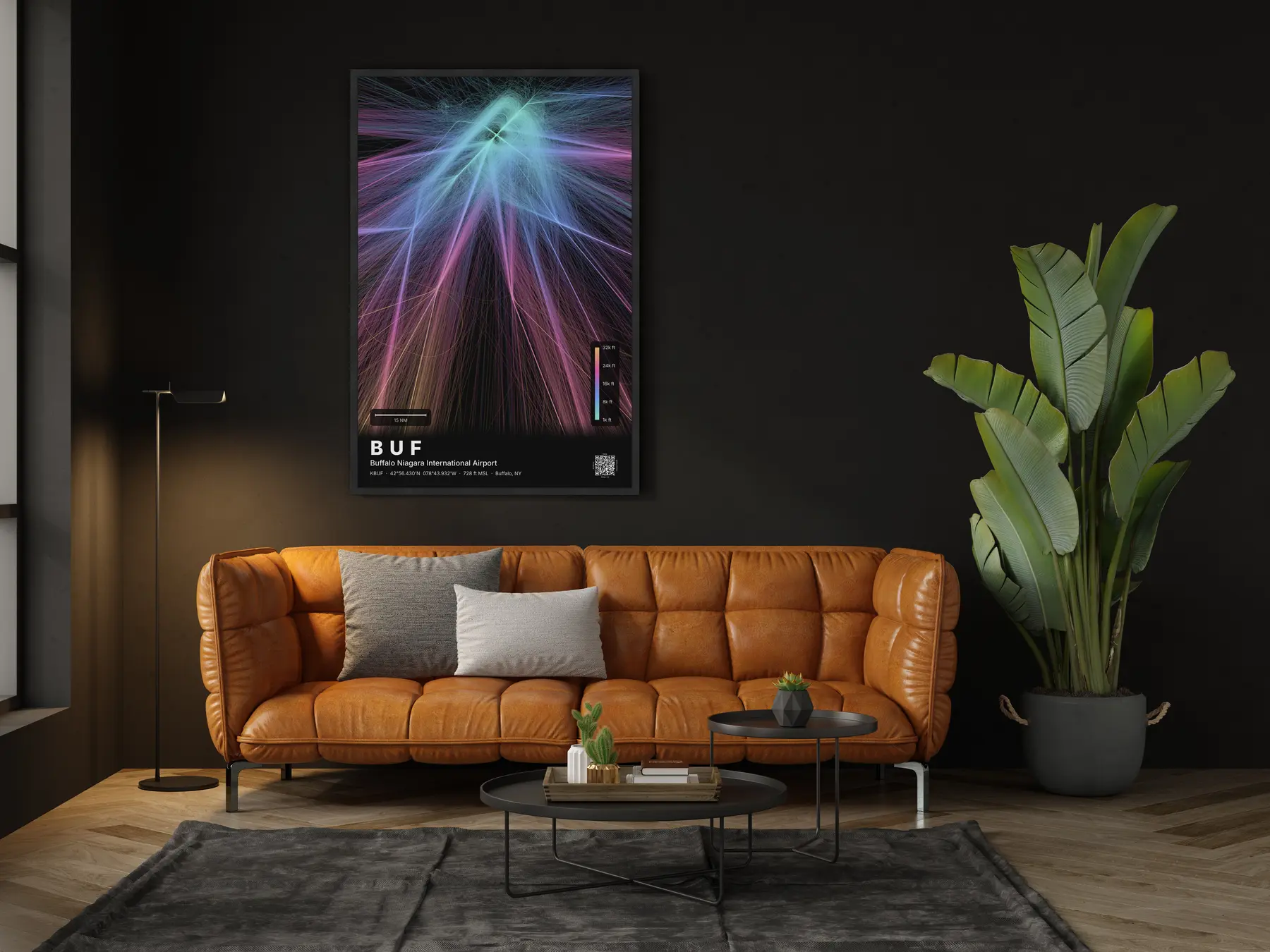 BUF flight path print — Aurora theme · Dark in living-room setting