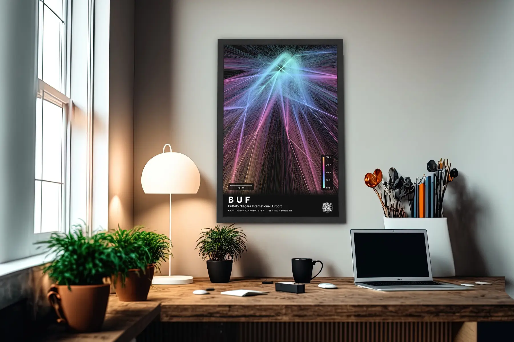 BUF flight path print — Aurora theme · Dark in office setting