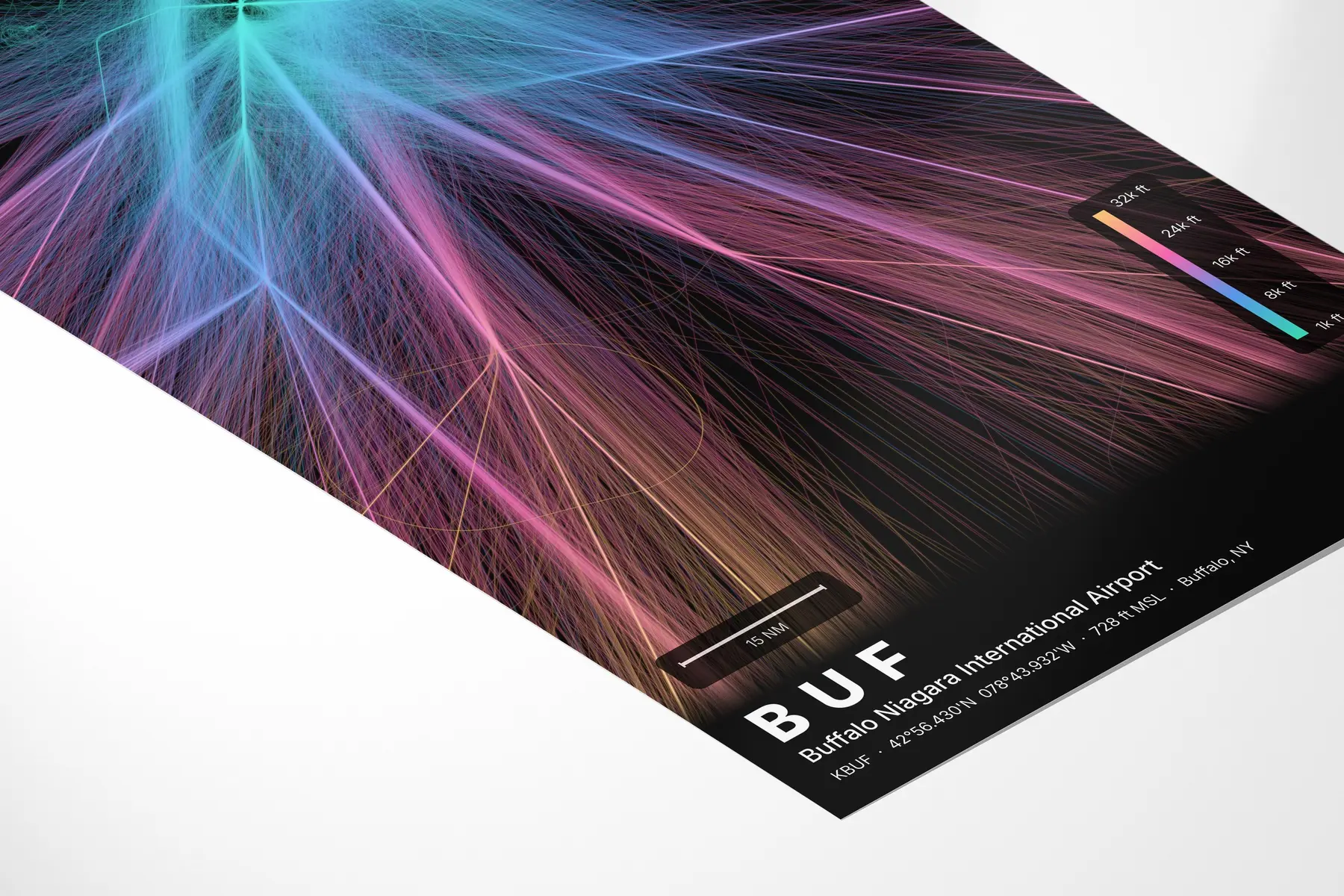 BUF flight path print — Aurora theme · Dark in corner-detail setting