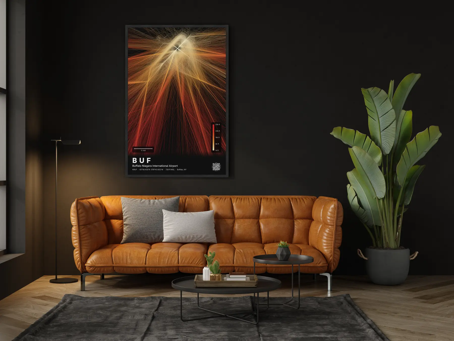 The BUF flight path map on a wall in a living room