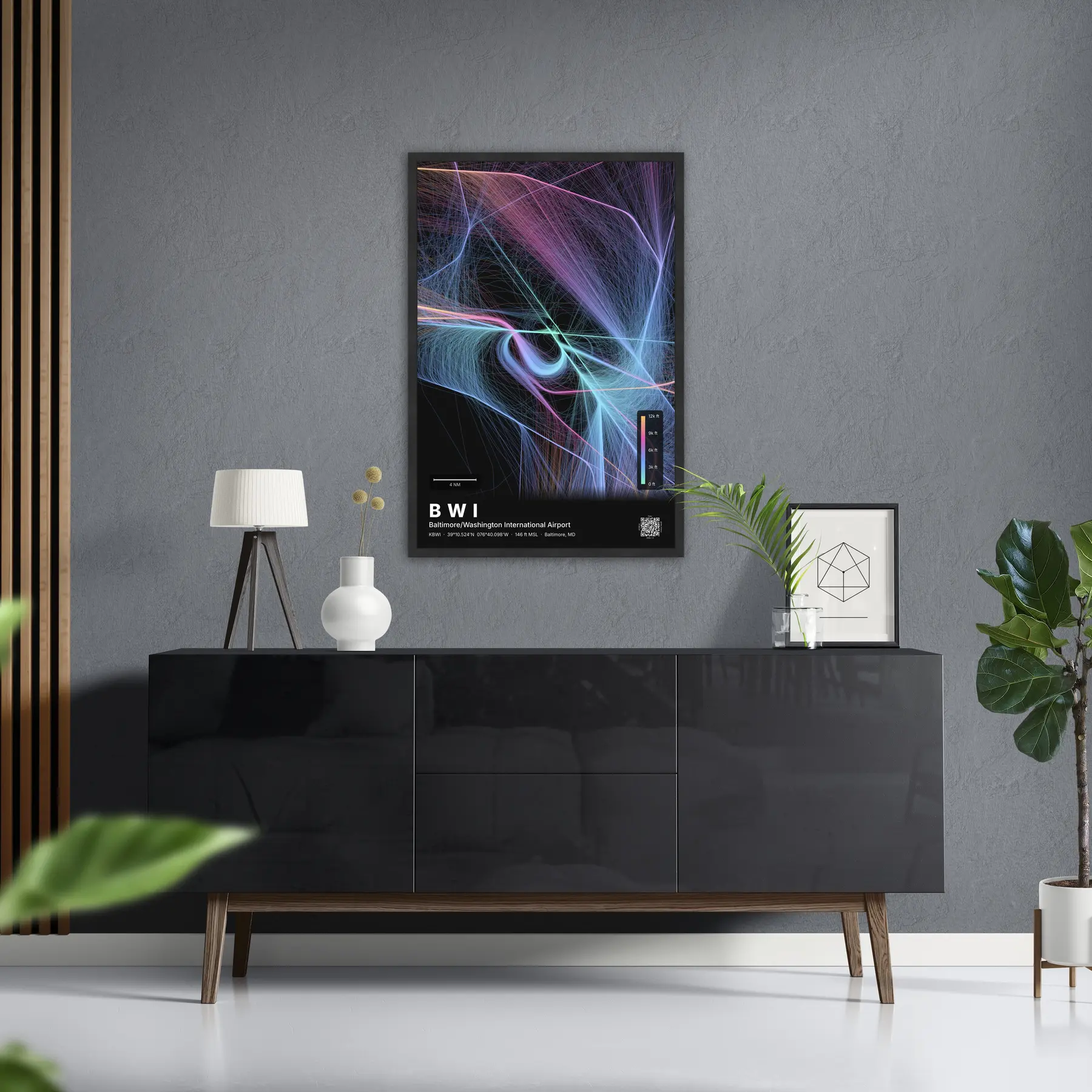 BWI flight path print — Aurora theme · Dark in foyer setting