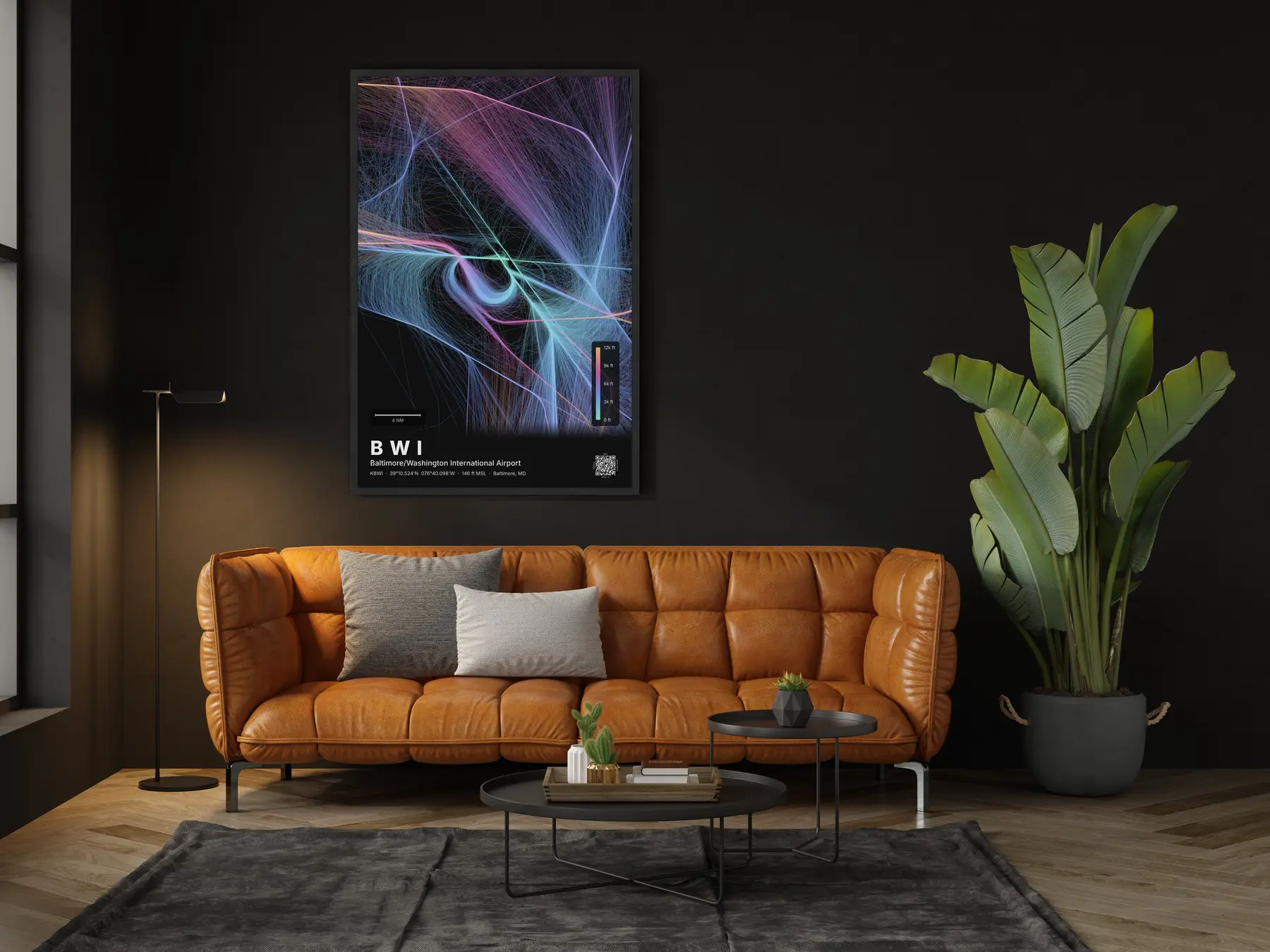 BWI flight path print — Aurora theme · Dark in living-room setting