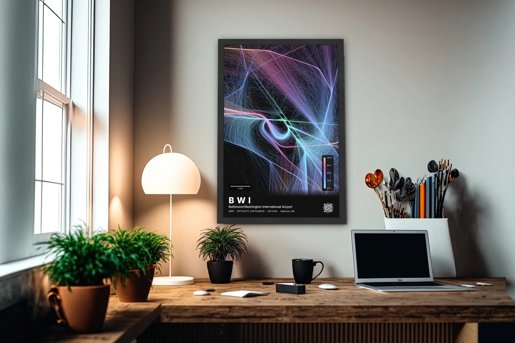 BWI flight path print — Aurora theme · Dark in office setting