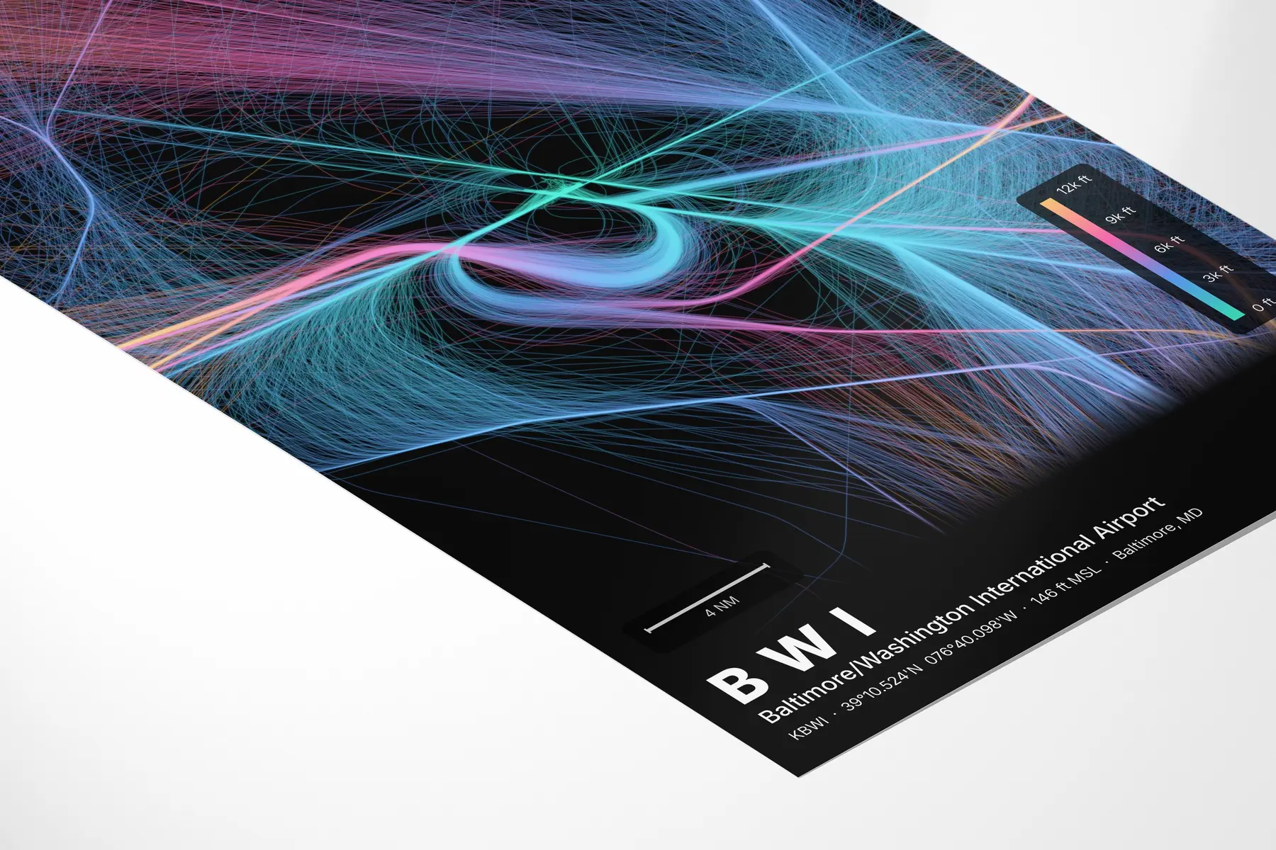 BWI flight path print — Aurora theme · Dark in corner-detail setting