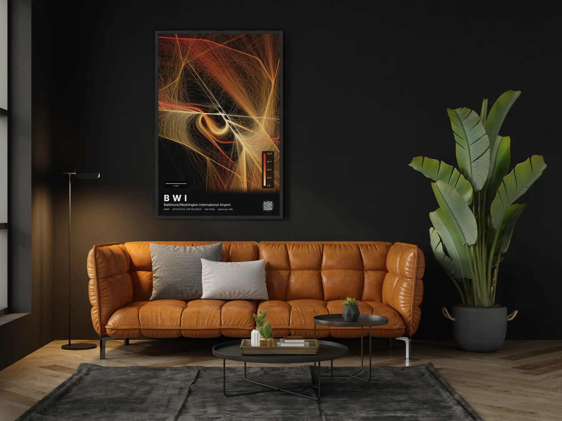 The BWI flight path map on a wall in a living room