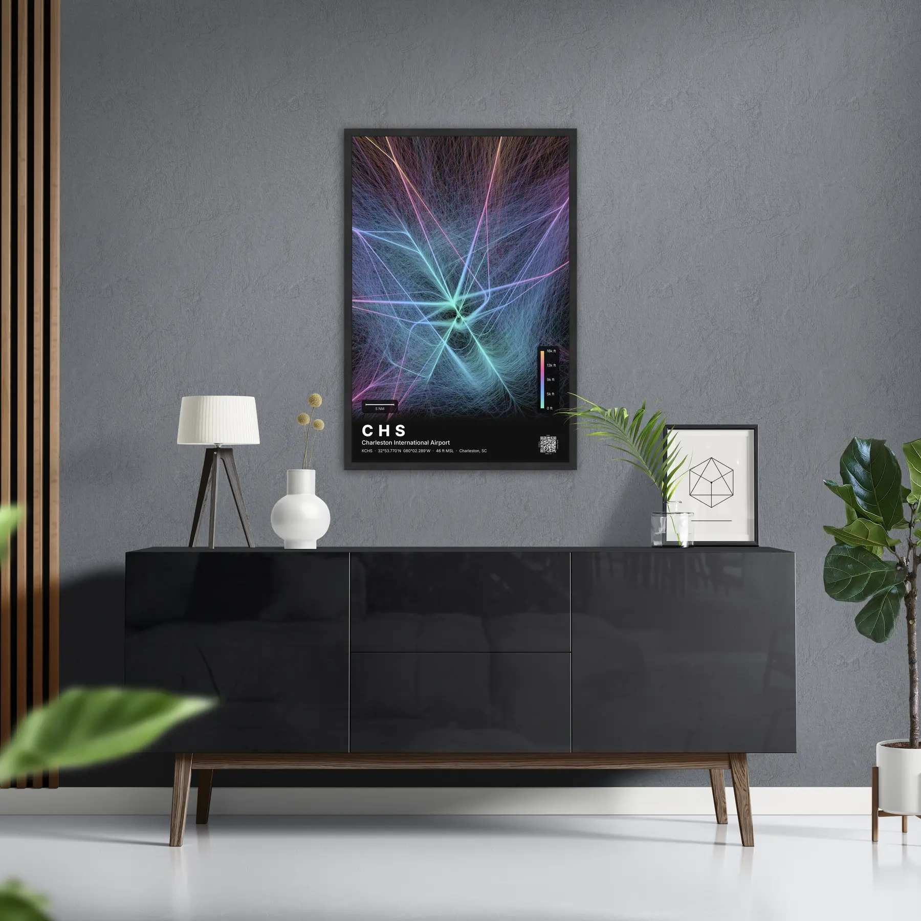 CHS flight path print — Aurora theme · Dark in foyer setting