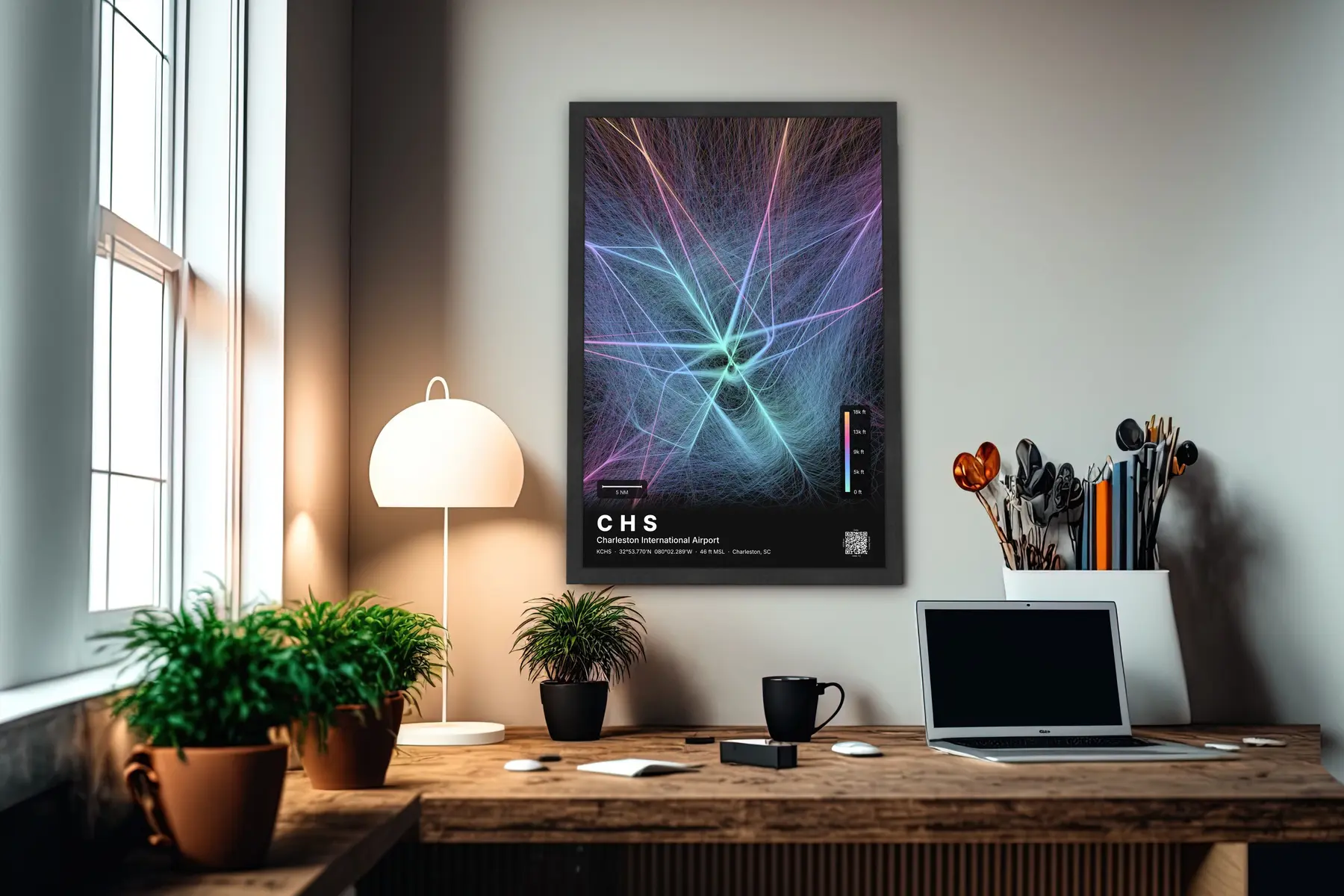 CHS flight path print — Aurora theme · Dark in office setting