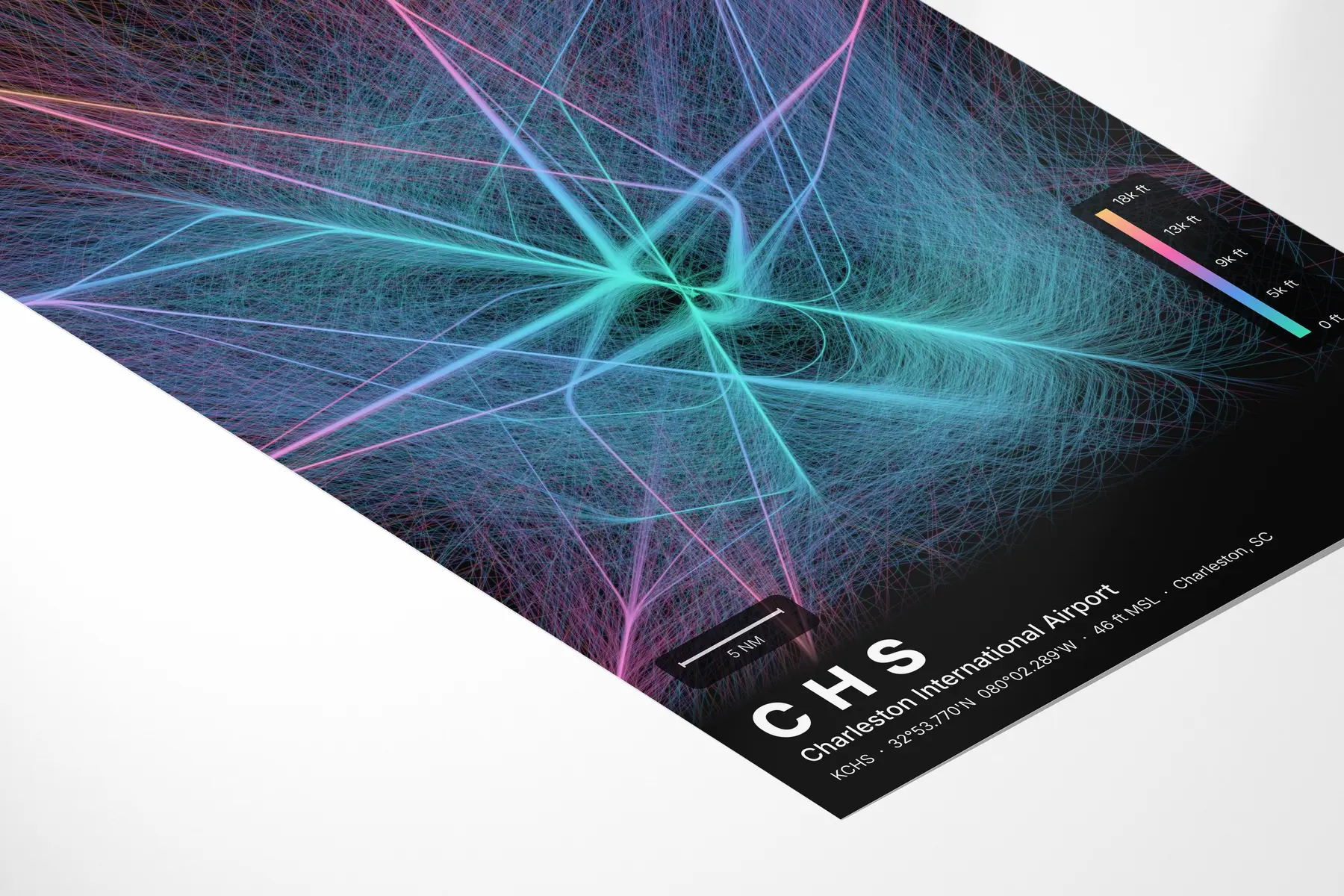 CHS flight path print — Aurora theme · Dark in corner-detail setting