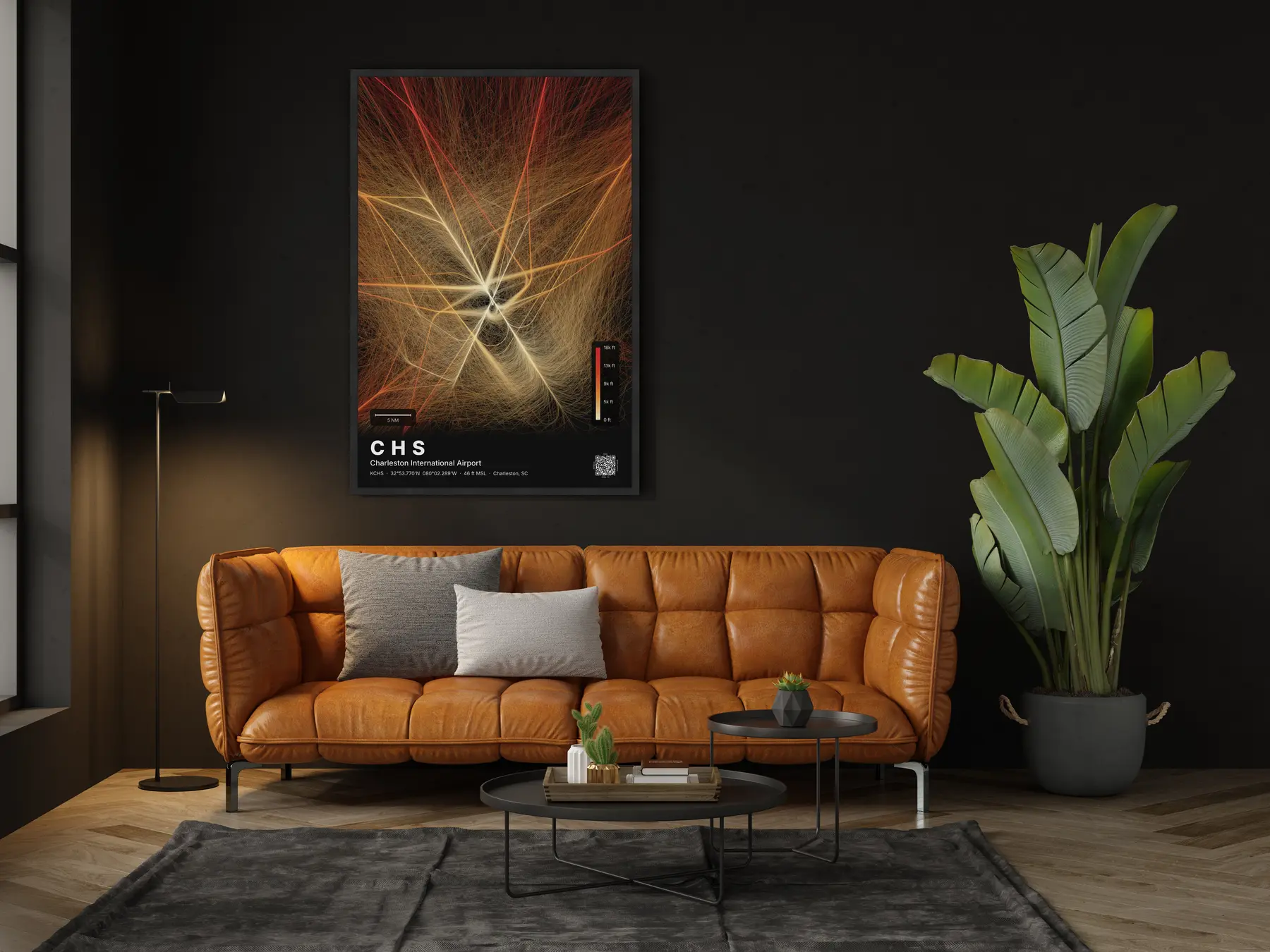 The CHS flight path map on a wall in a living room