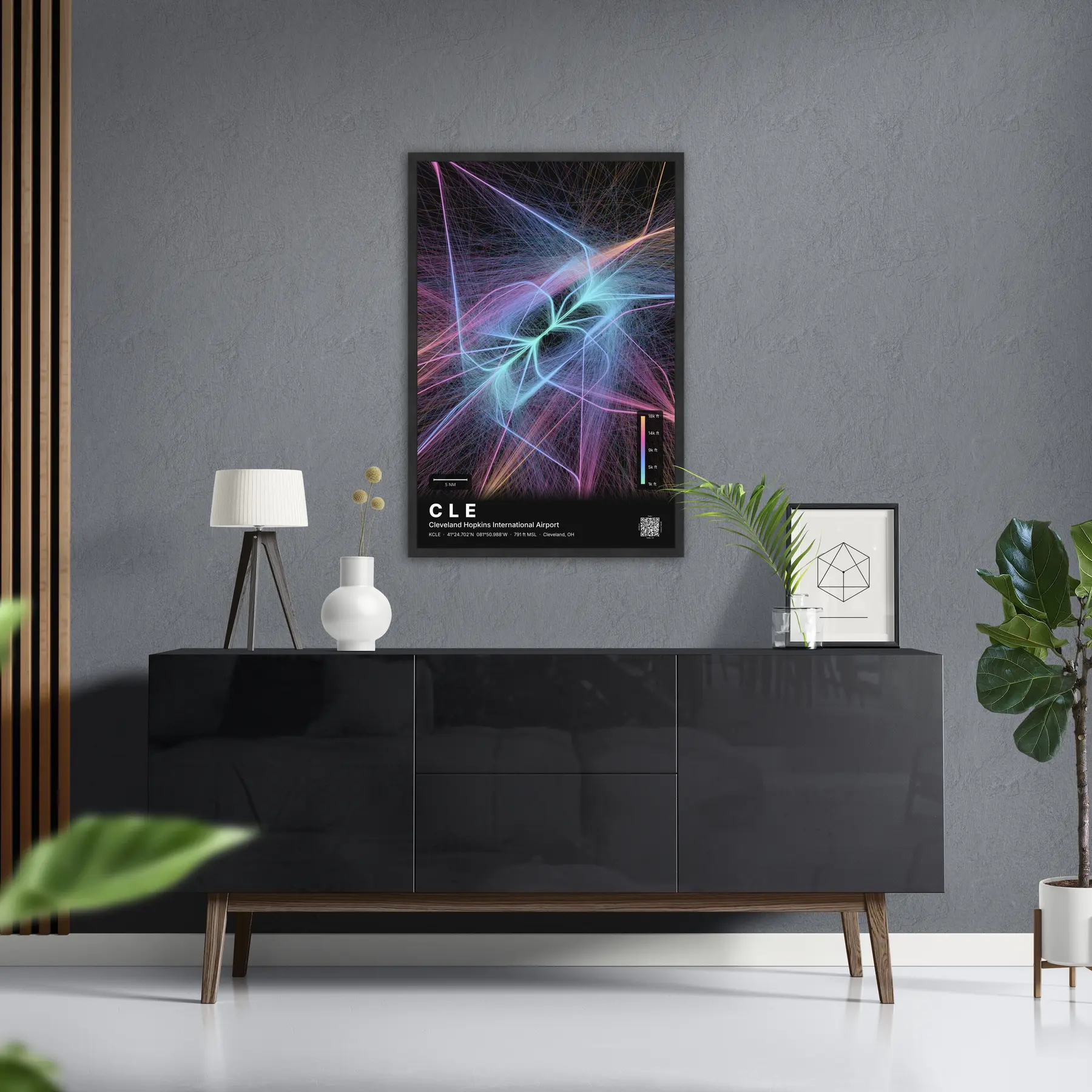 CLE flight path print — Aurora theme · Dark in foyer setting