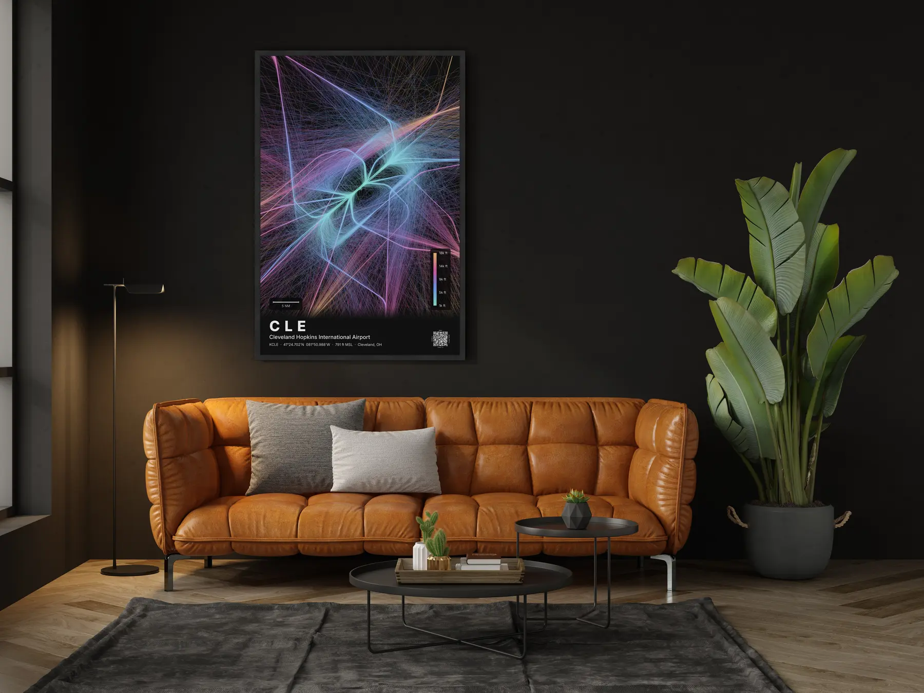 CLE flight path print — Aurora theme · Dark in living-room setting