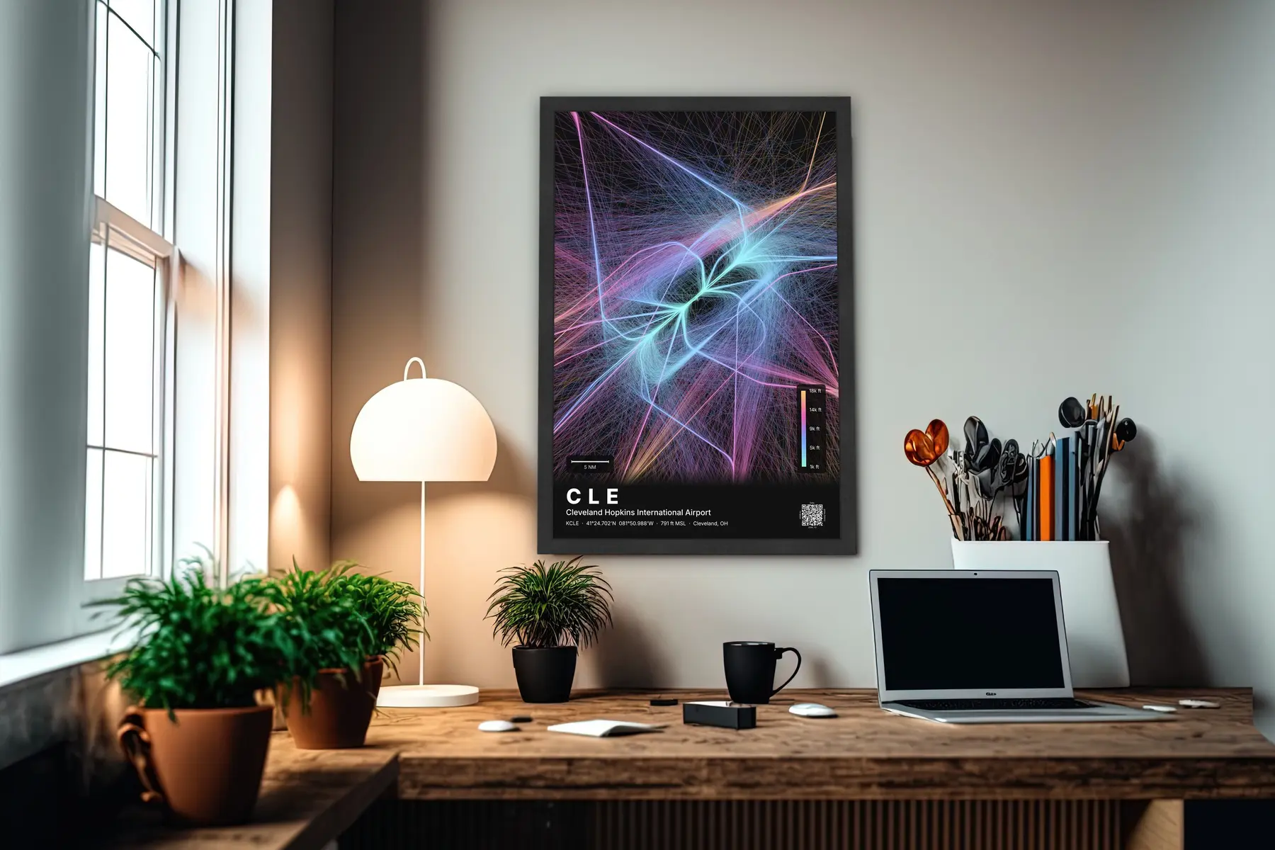 CLE flight path print — Aurora theme · Dark in office setting