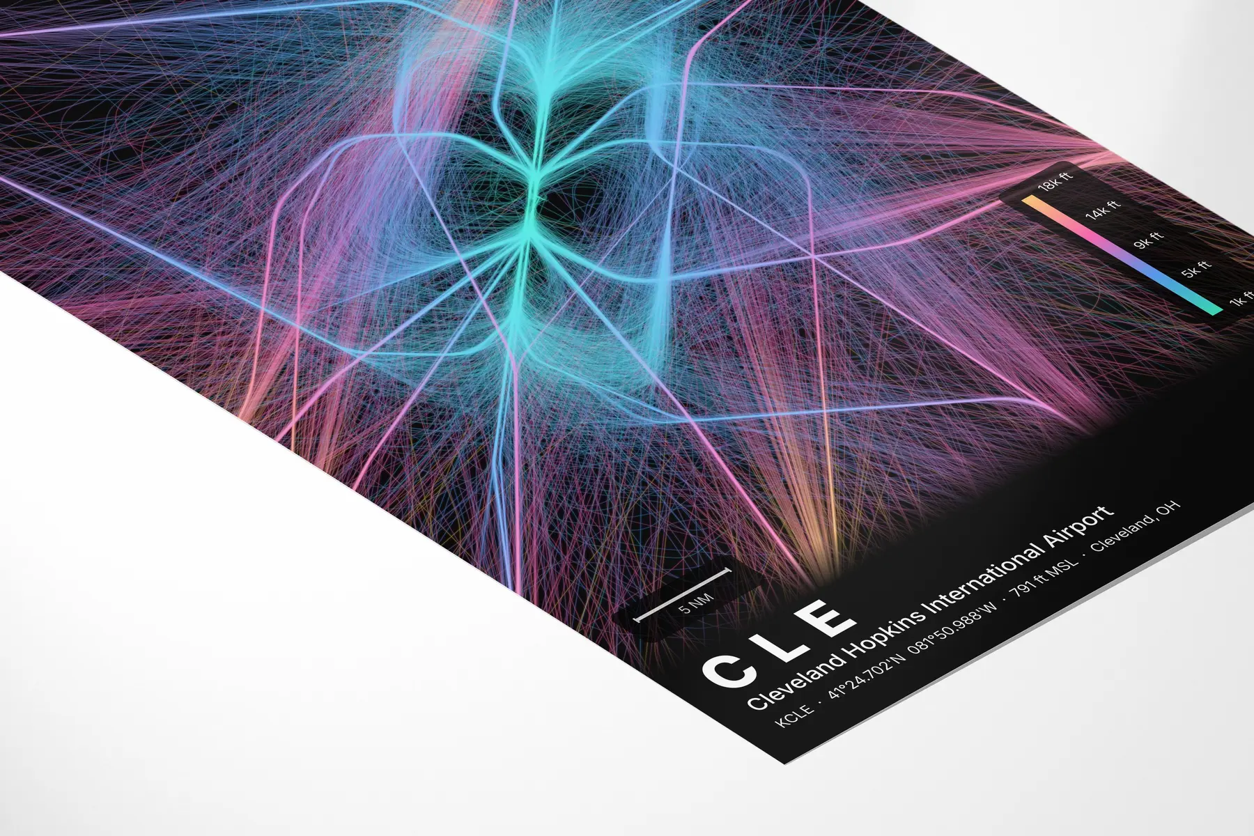 CLE flight path print — Aurora theme · Dark in corner-detail setting