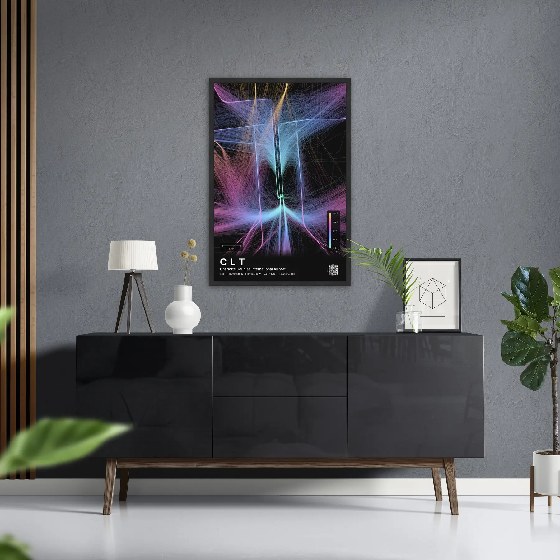 CLT flight path map — Aurora theme · Dark in foyer setting