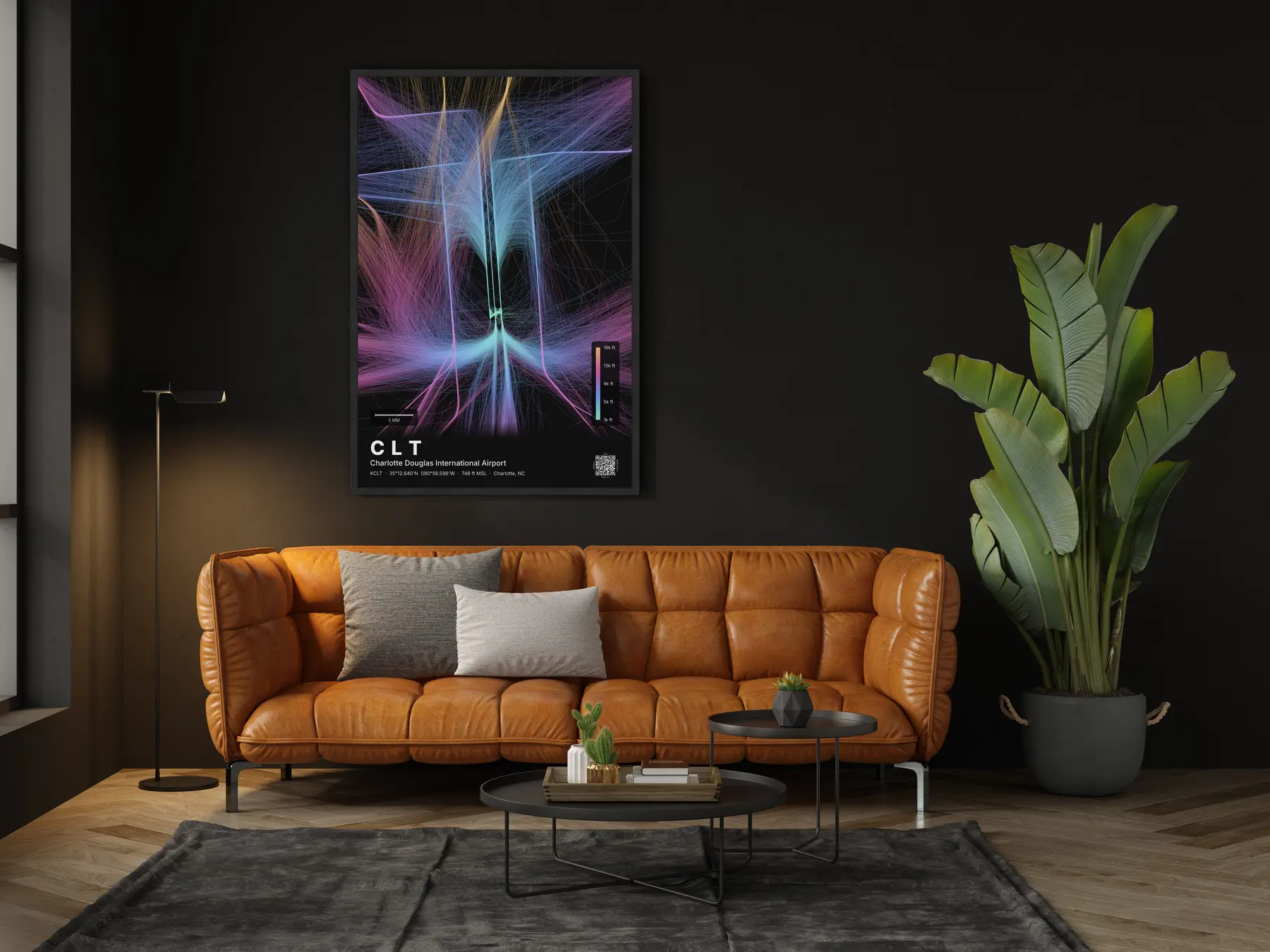CLT flight path map — Aurora theme · Dark in living-room setting