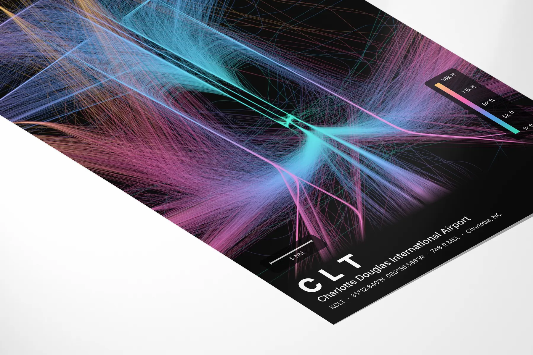 CLT flight path map — Aurora theme · Dark in corner-detail setting