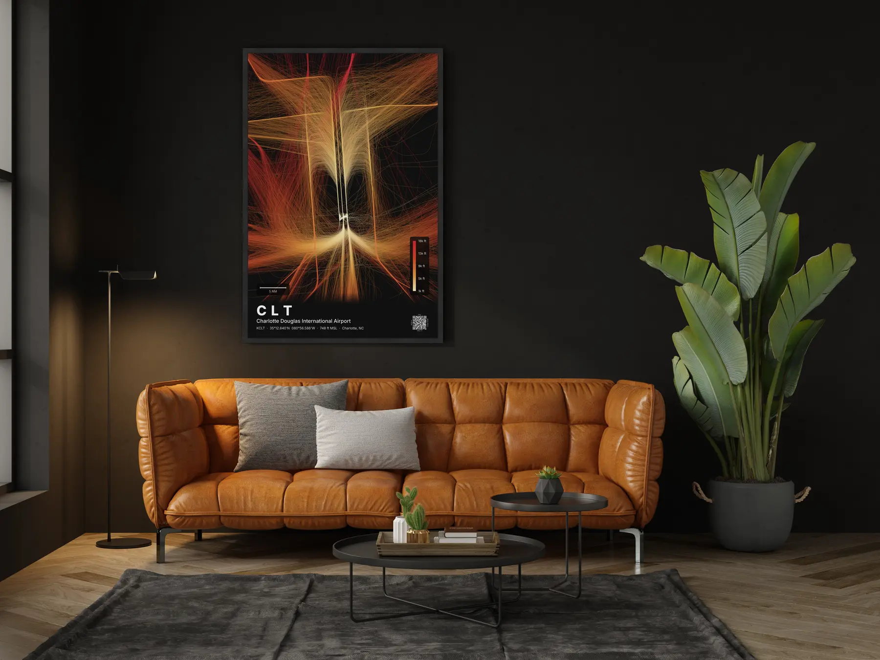 The CLT flight path map on a wall in a living room