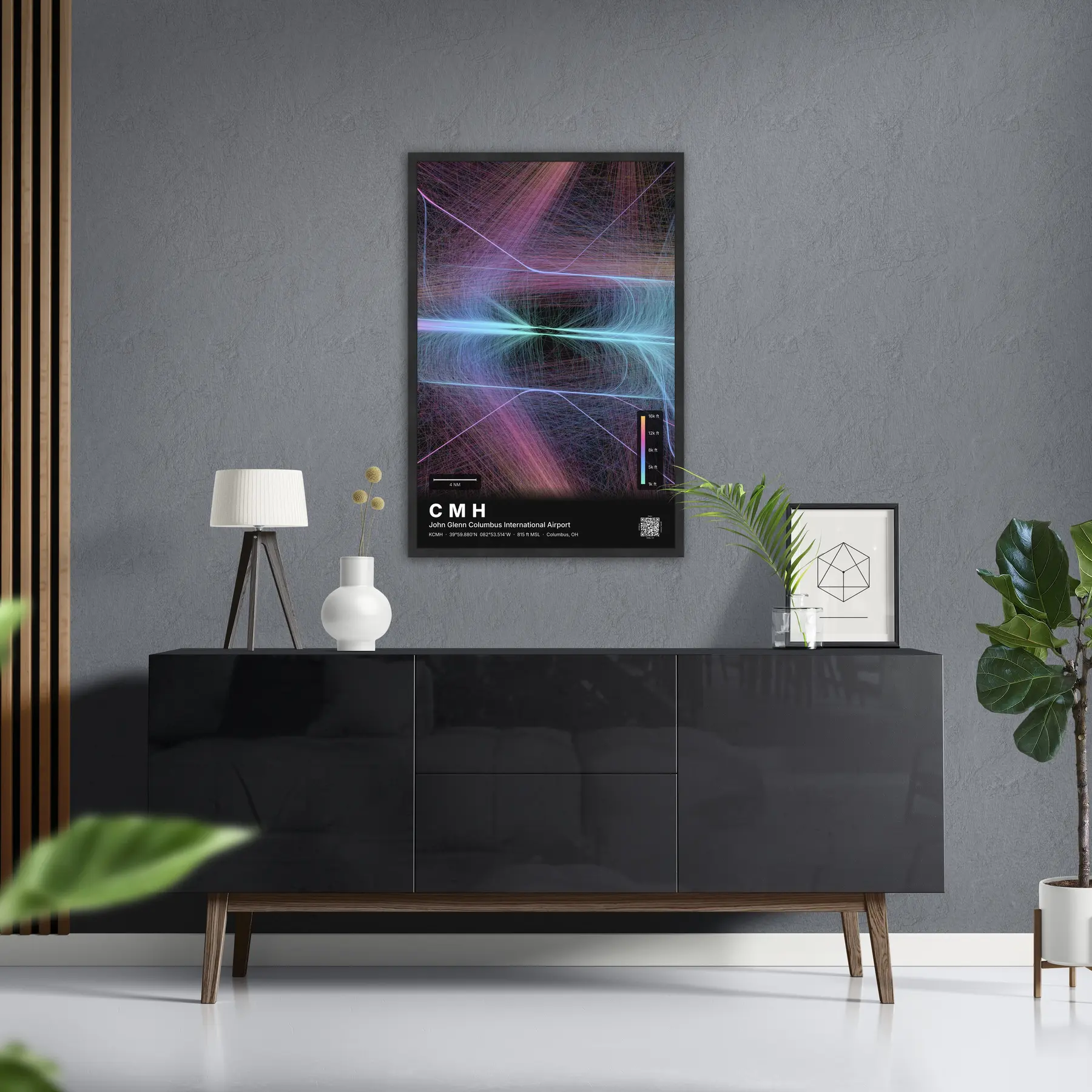 CMH flight path print — Aurora theme · Dark in foyer setting