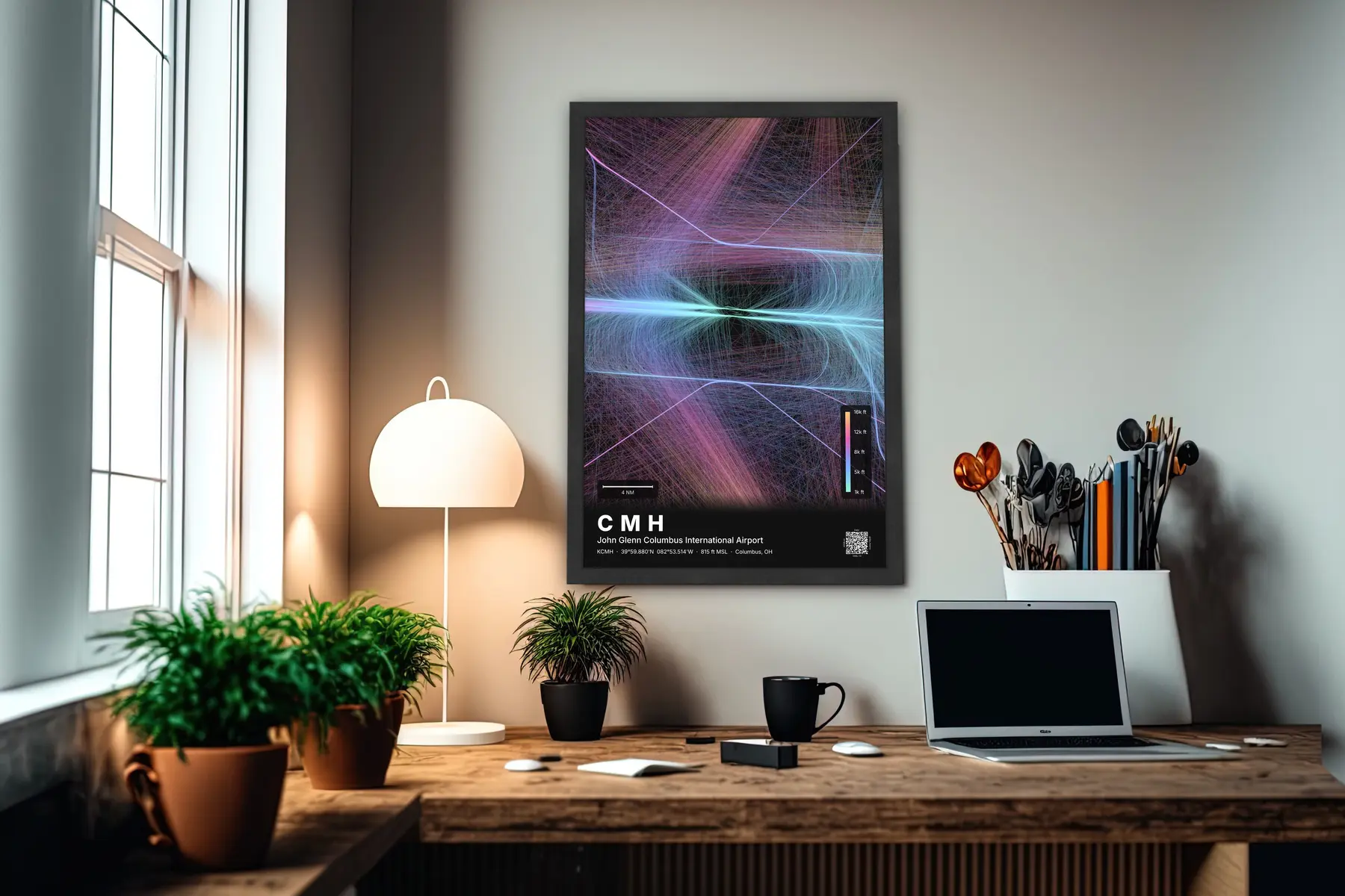 CMH flight path print — Aurora theme · Dark in office setting