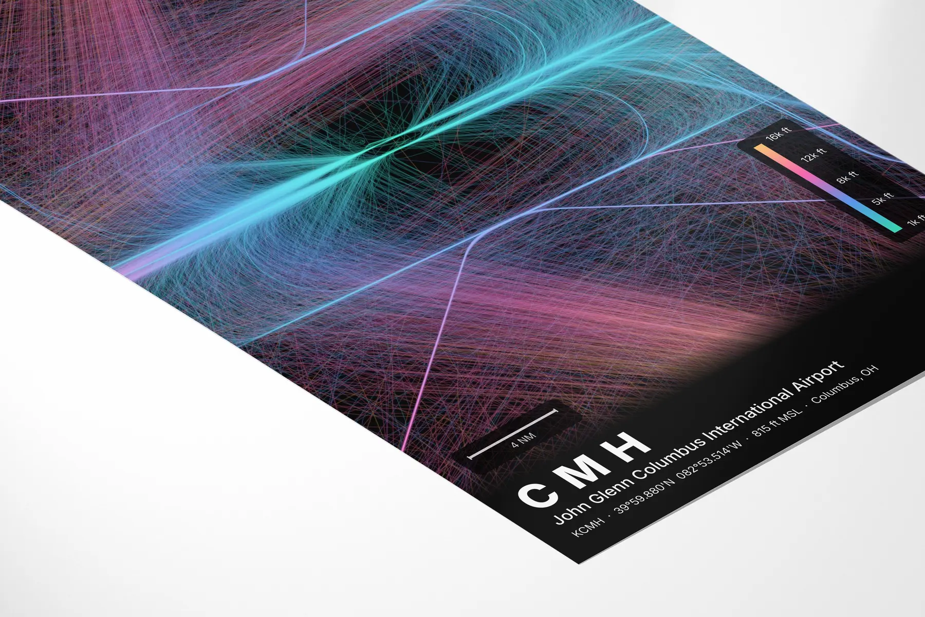 CMH flight path print — Aurora theme · Dark in corner-detail setting