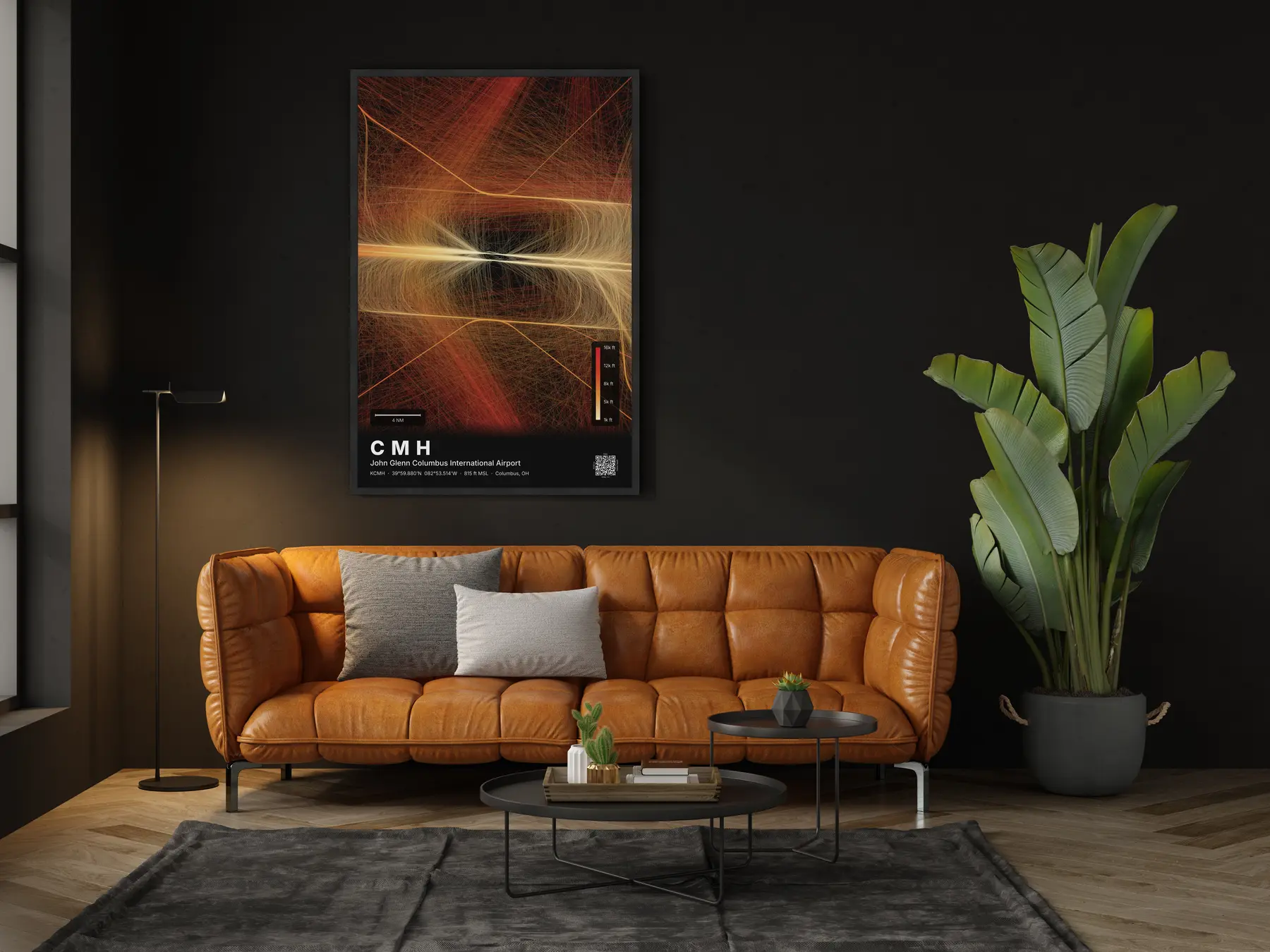 The CMH flight path map on a wall in a living room