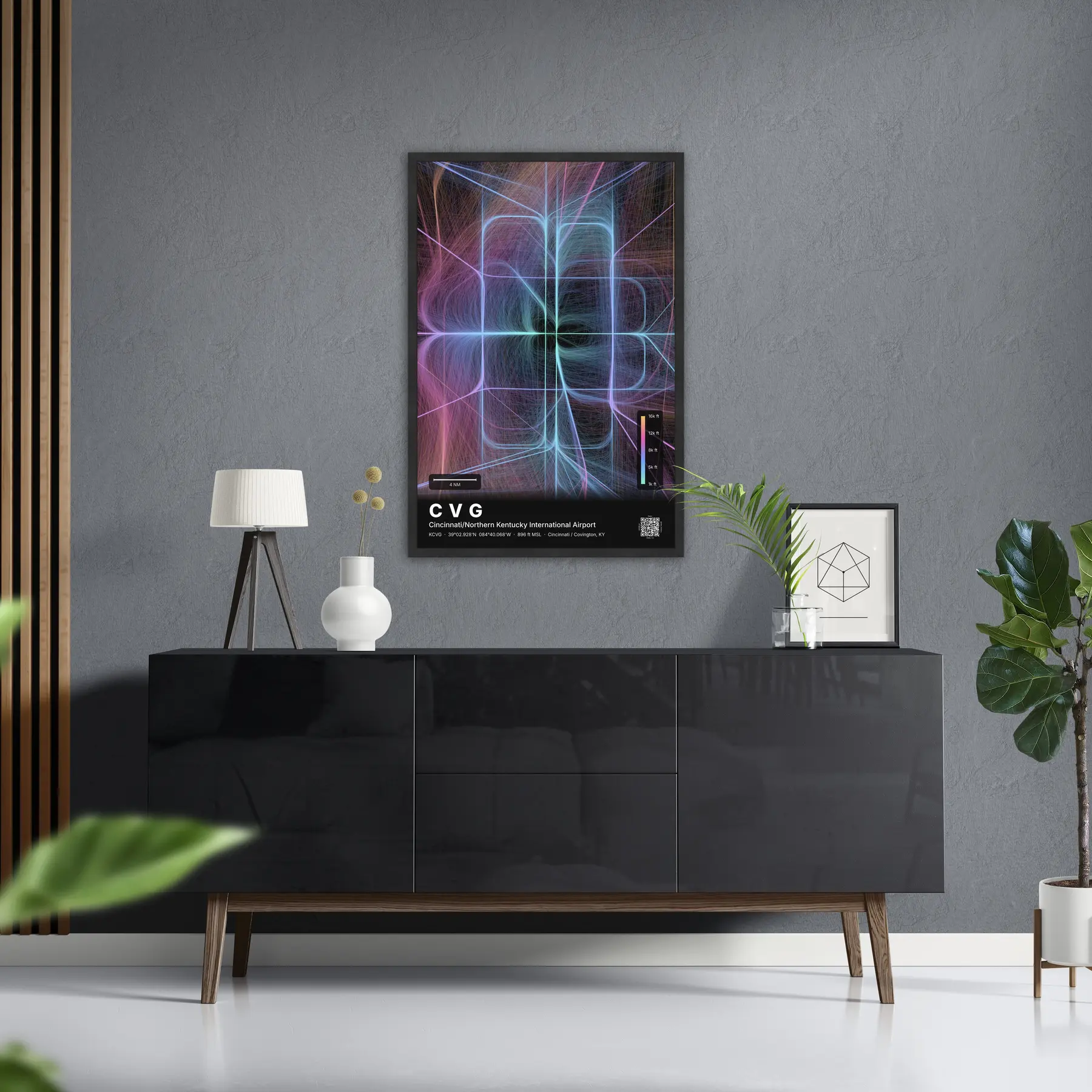 CVG flight path map — Aurora theme · Dark in foyer setting