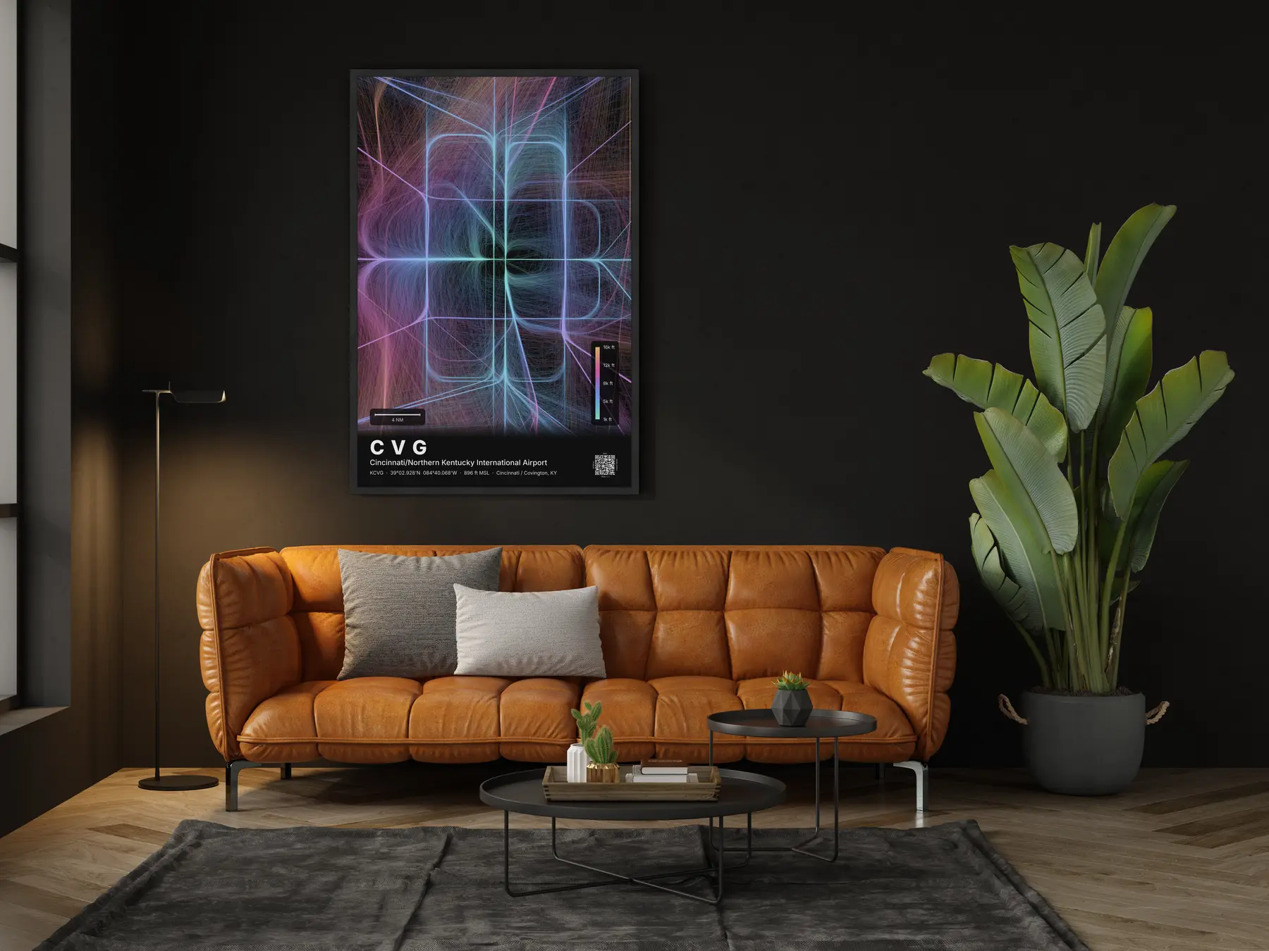 CVG flight path map — Aurora theme · Dark in living-room setting
