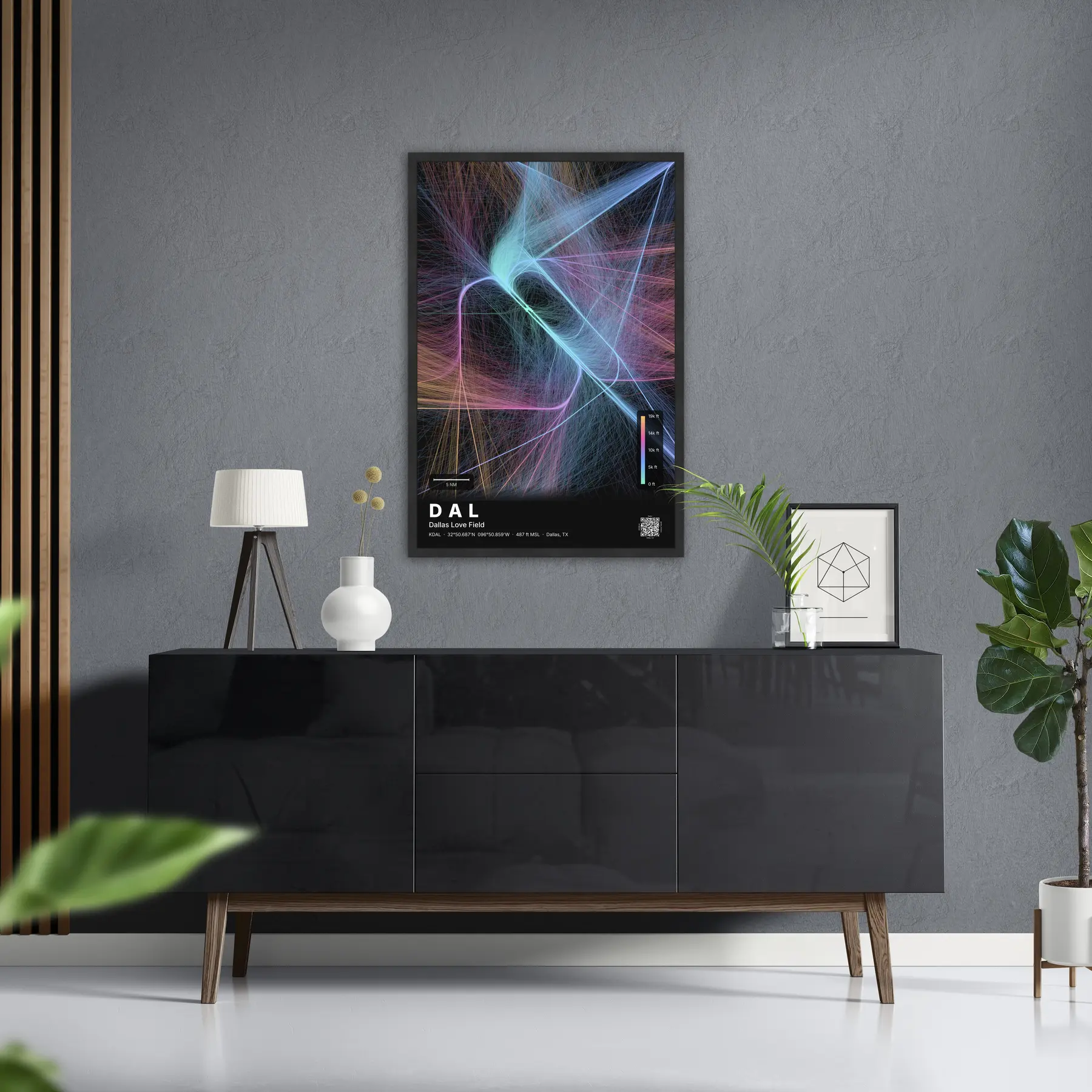 DAL flight path print — Aurora theme · Dark in foyer setting