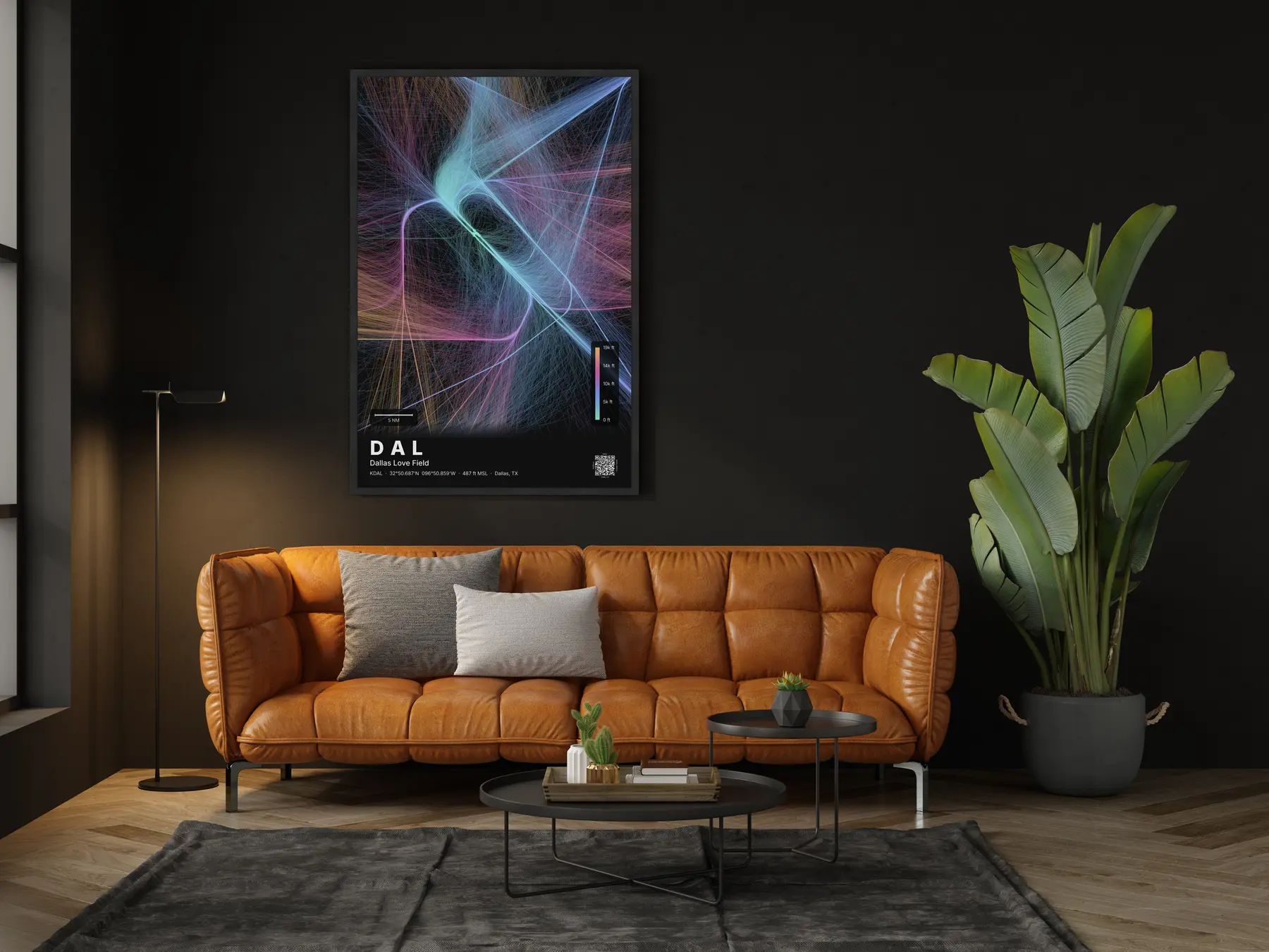 DAL flight path print — Aurora theme · Dark in living-room setting