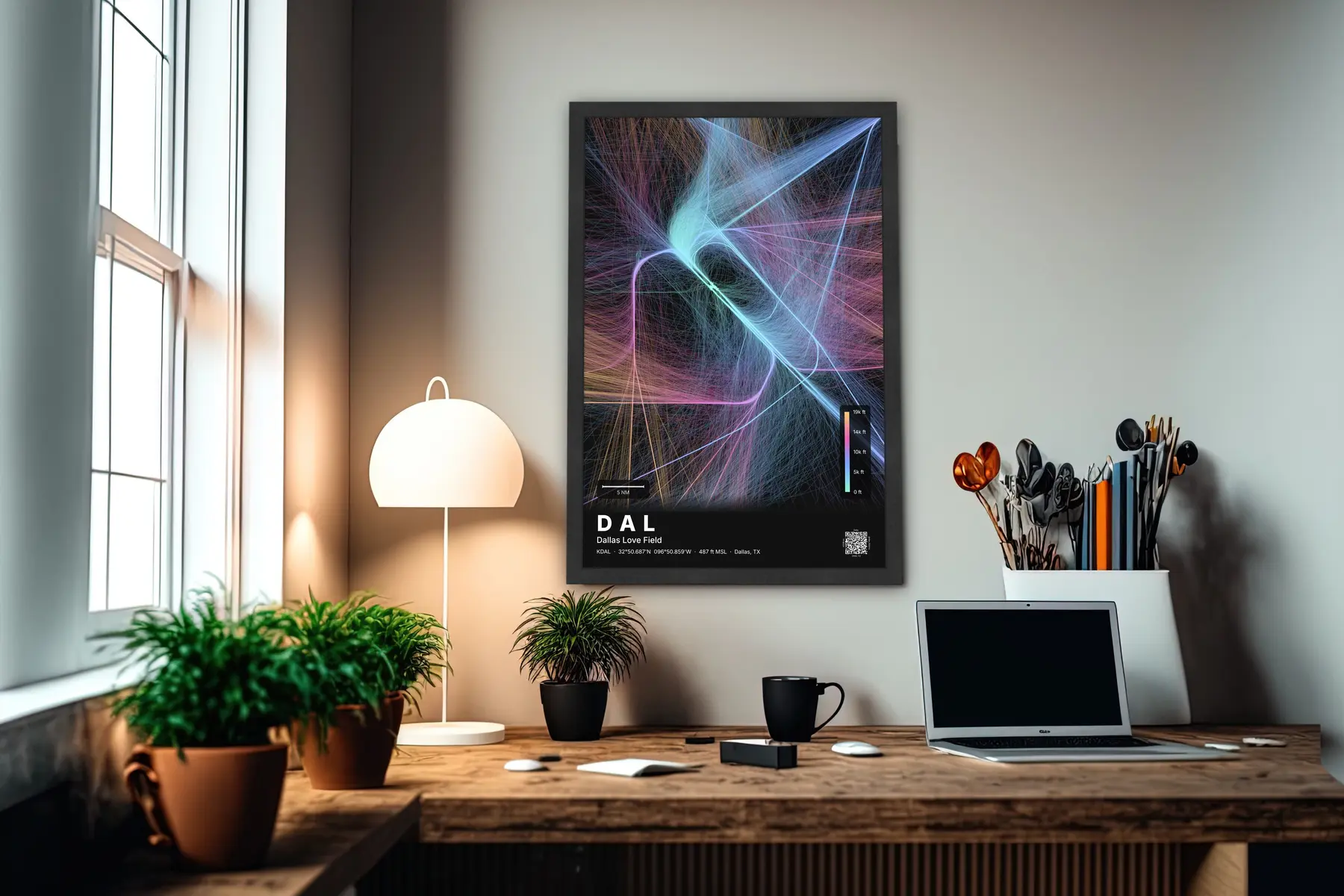 DAL flight path print — Aurora theme · Dark in office setting