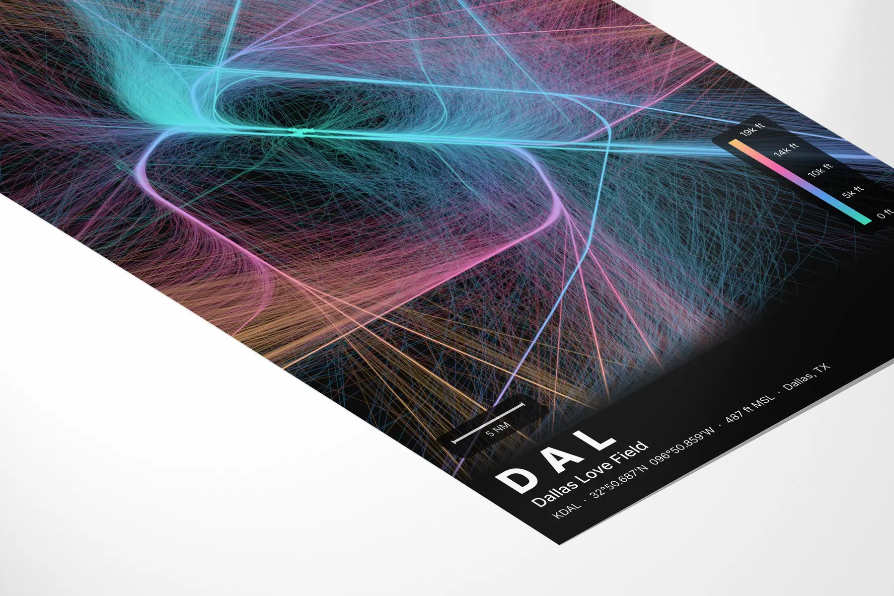 DAL flight path print — Aurora theme · Dark in corner-detail setting