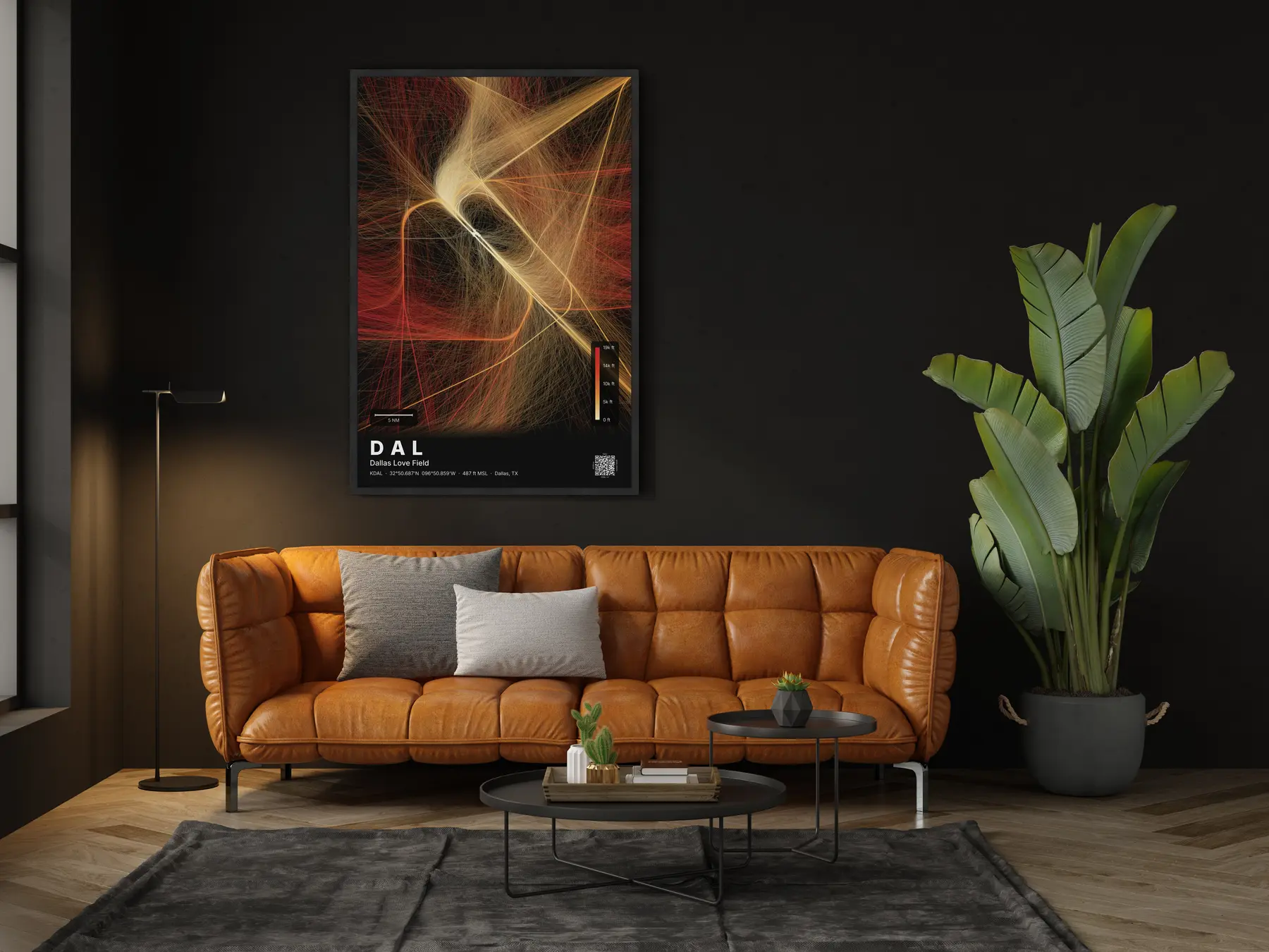 The DAL flight path map on a wall in a living room