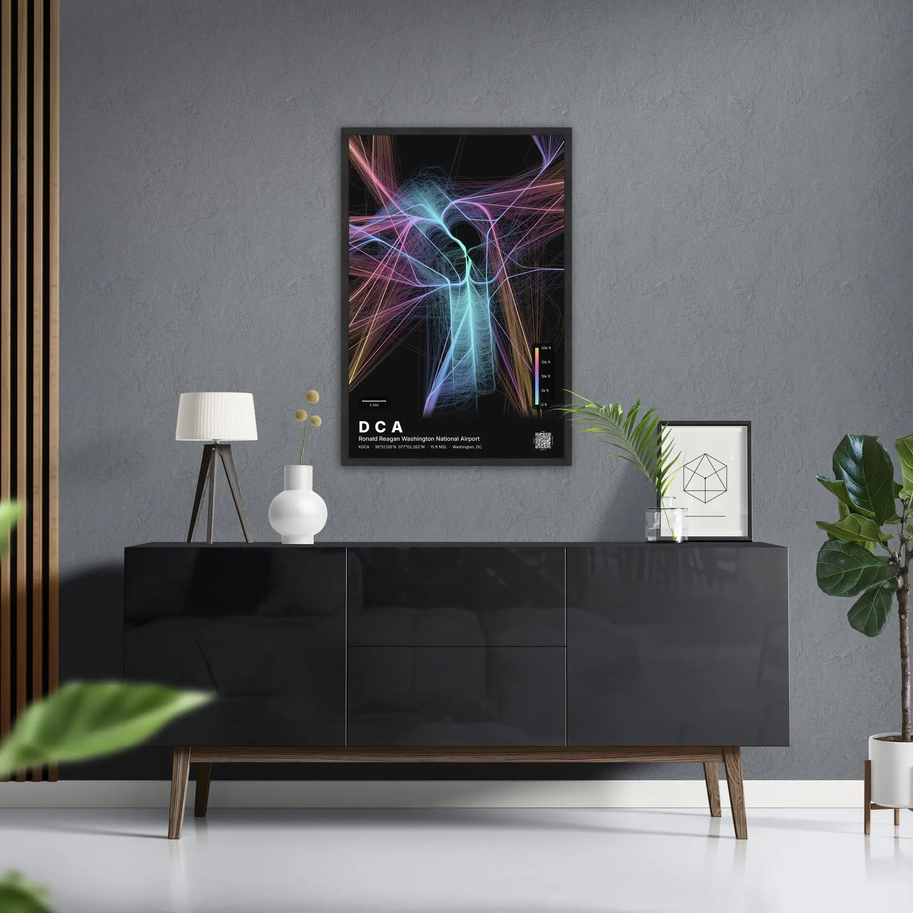 DCA flight path print — Aurora theme · Dark in foyer setting