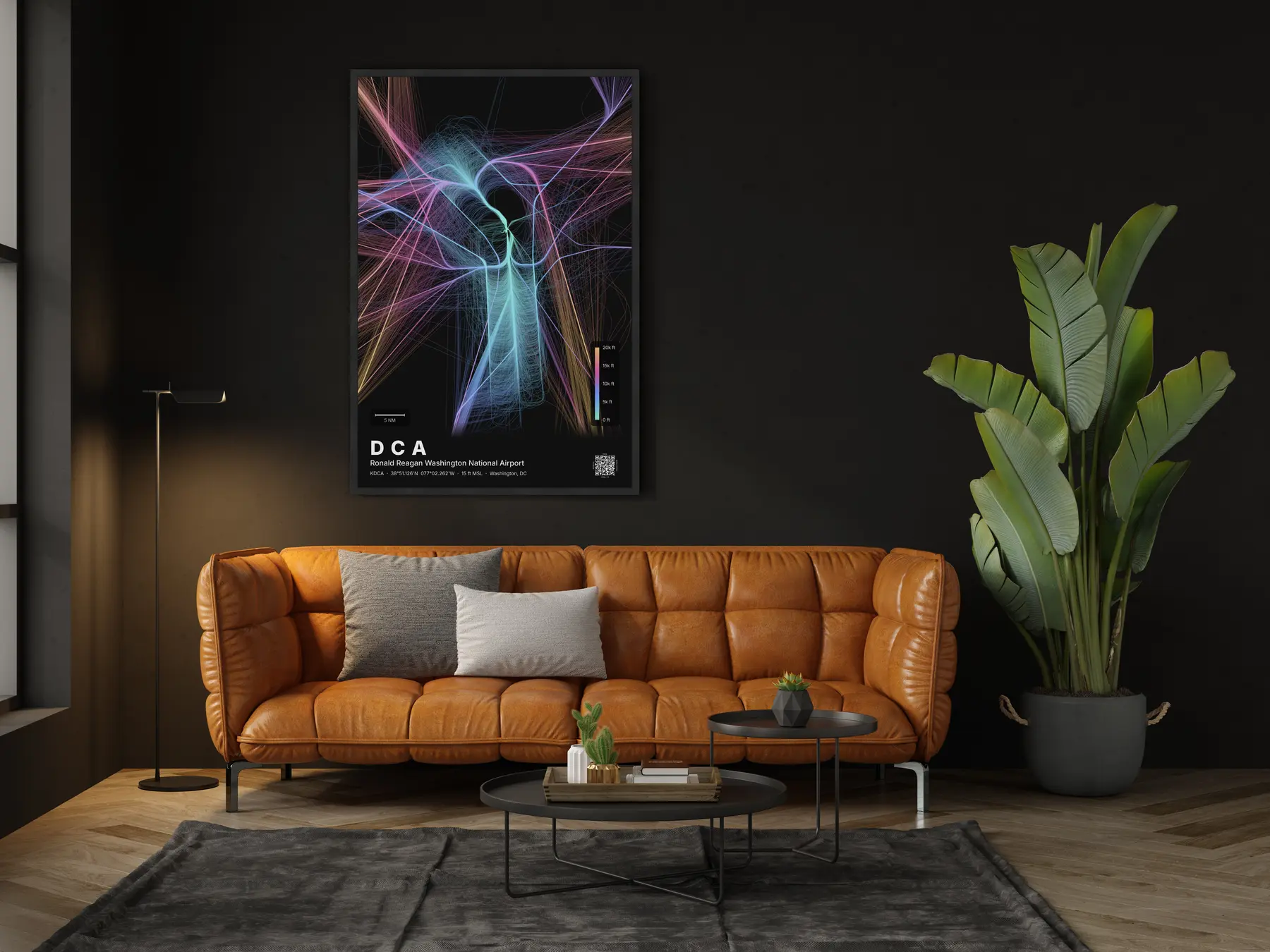 DCA flight path print — Aurora theme · Dark in living-room setting
