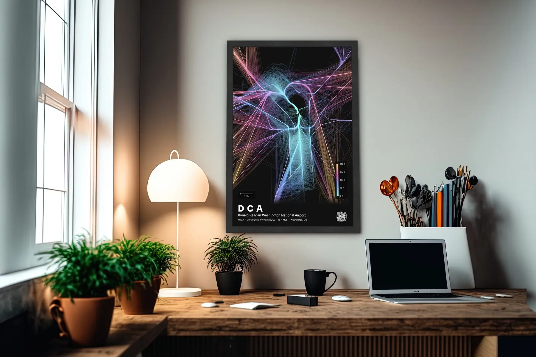 DCA flight path print — Aurora theme · Dark in office setting